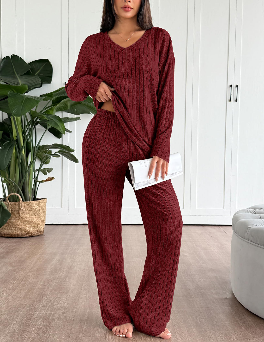 Ekouaer Lounge Sets for Women Long Sleeve Knit Ribbed Pajama Sets 2 Piece Casual Loungewear with Pockets