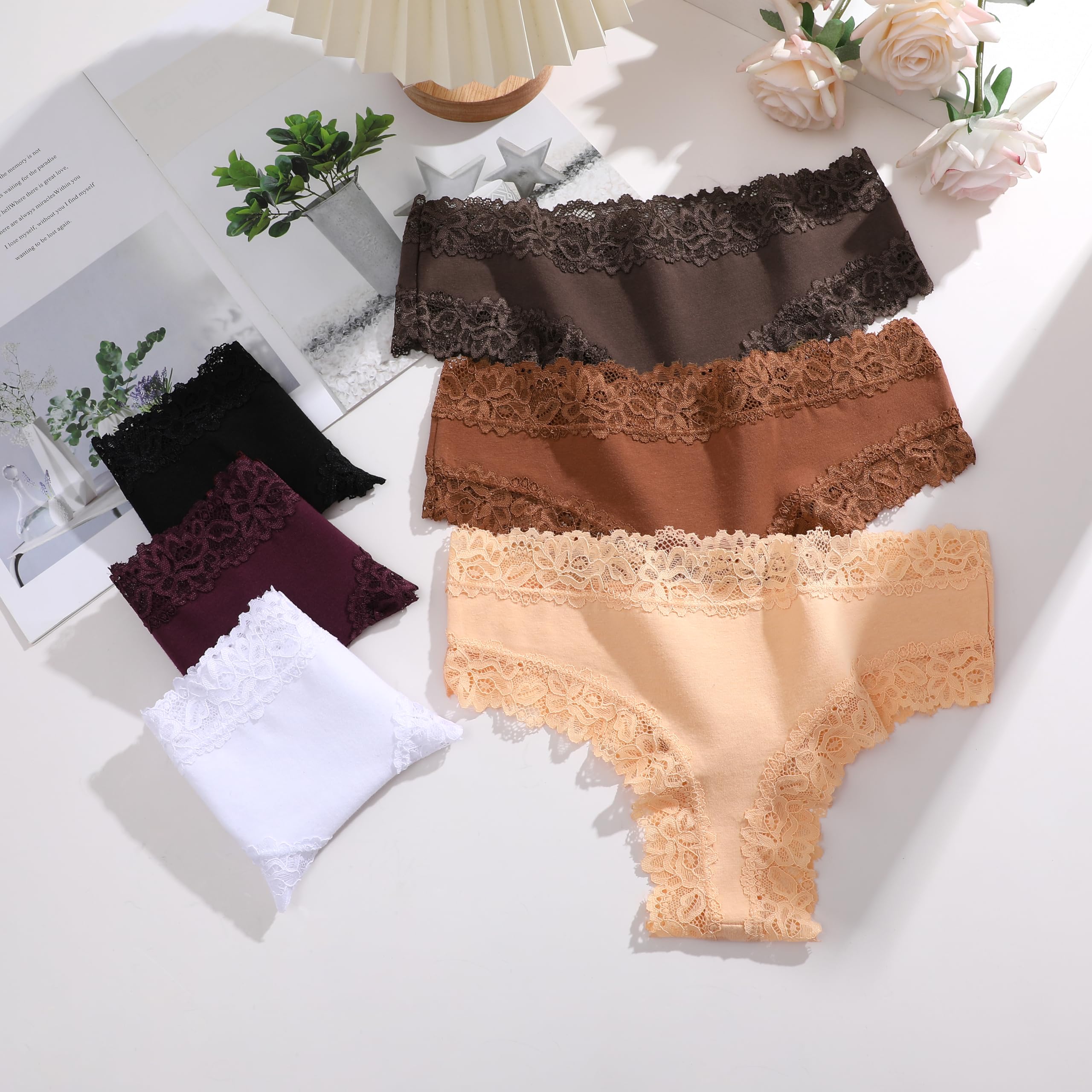 FINETOO Cotton Underwear Womens Sexy Lace Cheeky Low Rise Panties 6 Pack
