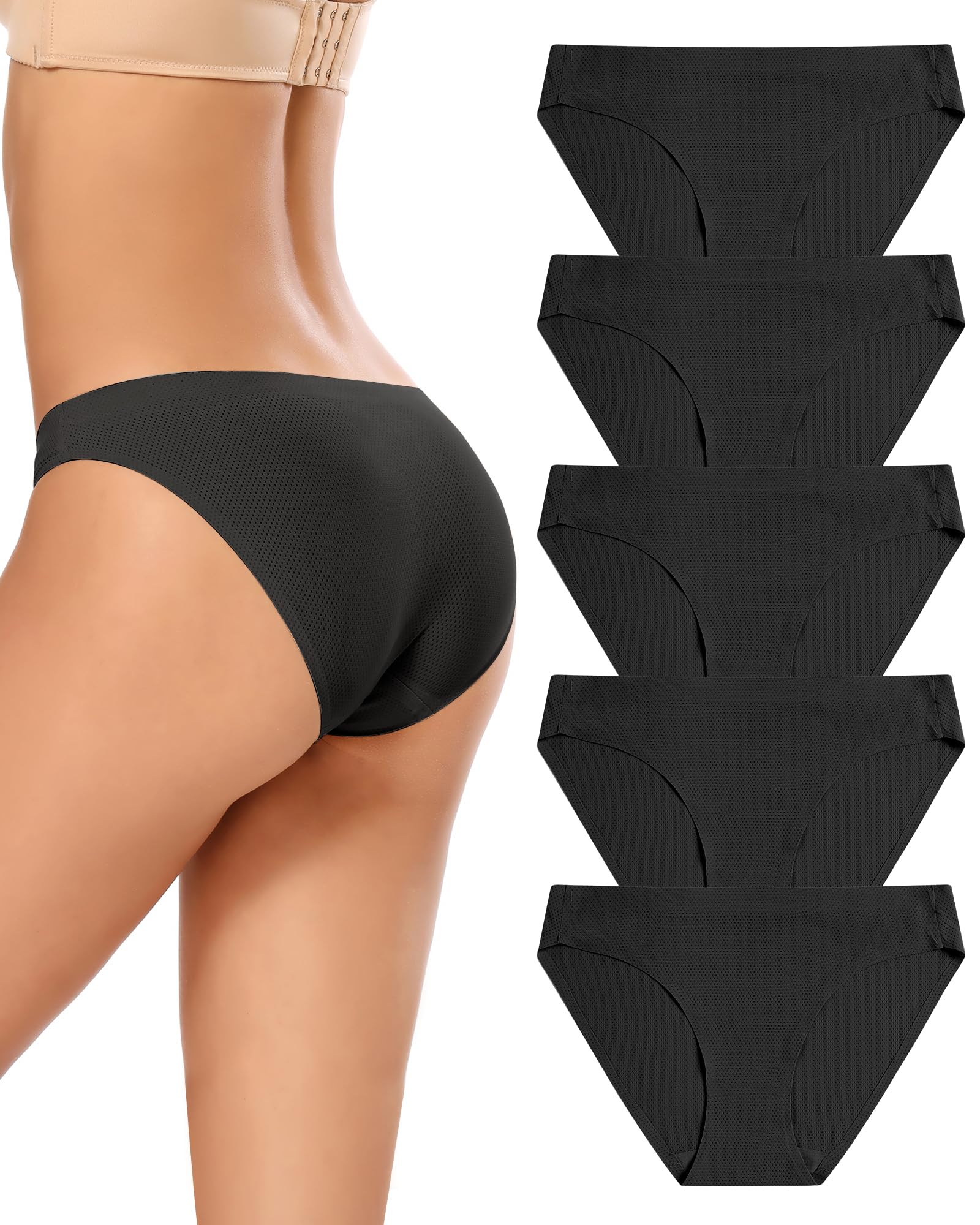 voenxe Women Bikini Underwear,Seamless Breathable Ladies No Show Panties | 5 Pack Invisible Comfortable Briefs,No Seam Soft Woman Mesh Workout Undies,Elastic Comfy Stretch Gym Hipster Panty, Multipack