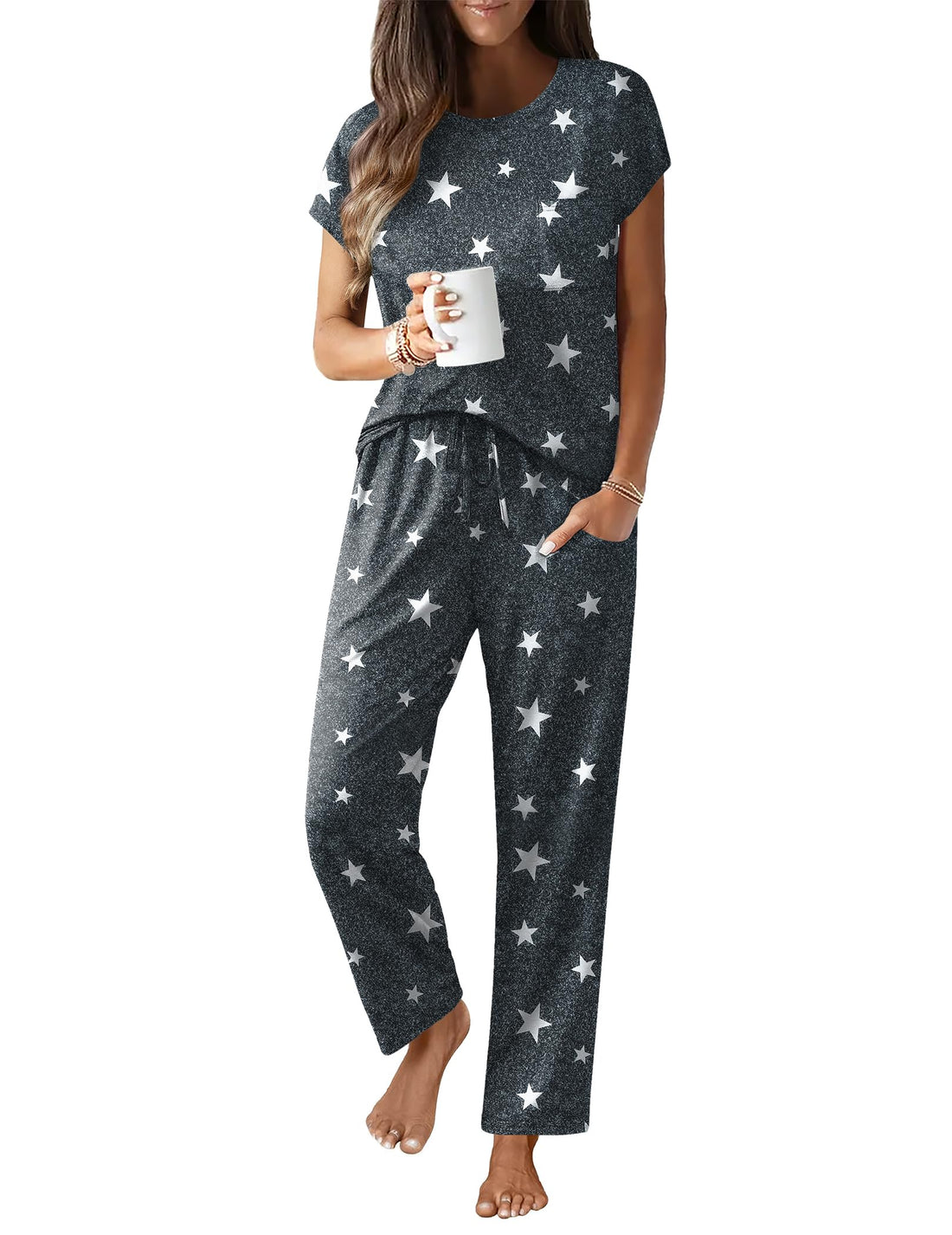 Ekouaer Womens Pajama Sets 2 Pcs Short Sleeve Lounge Set with Pockets
