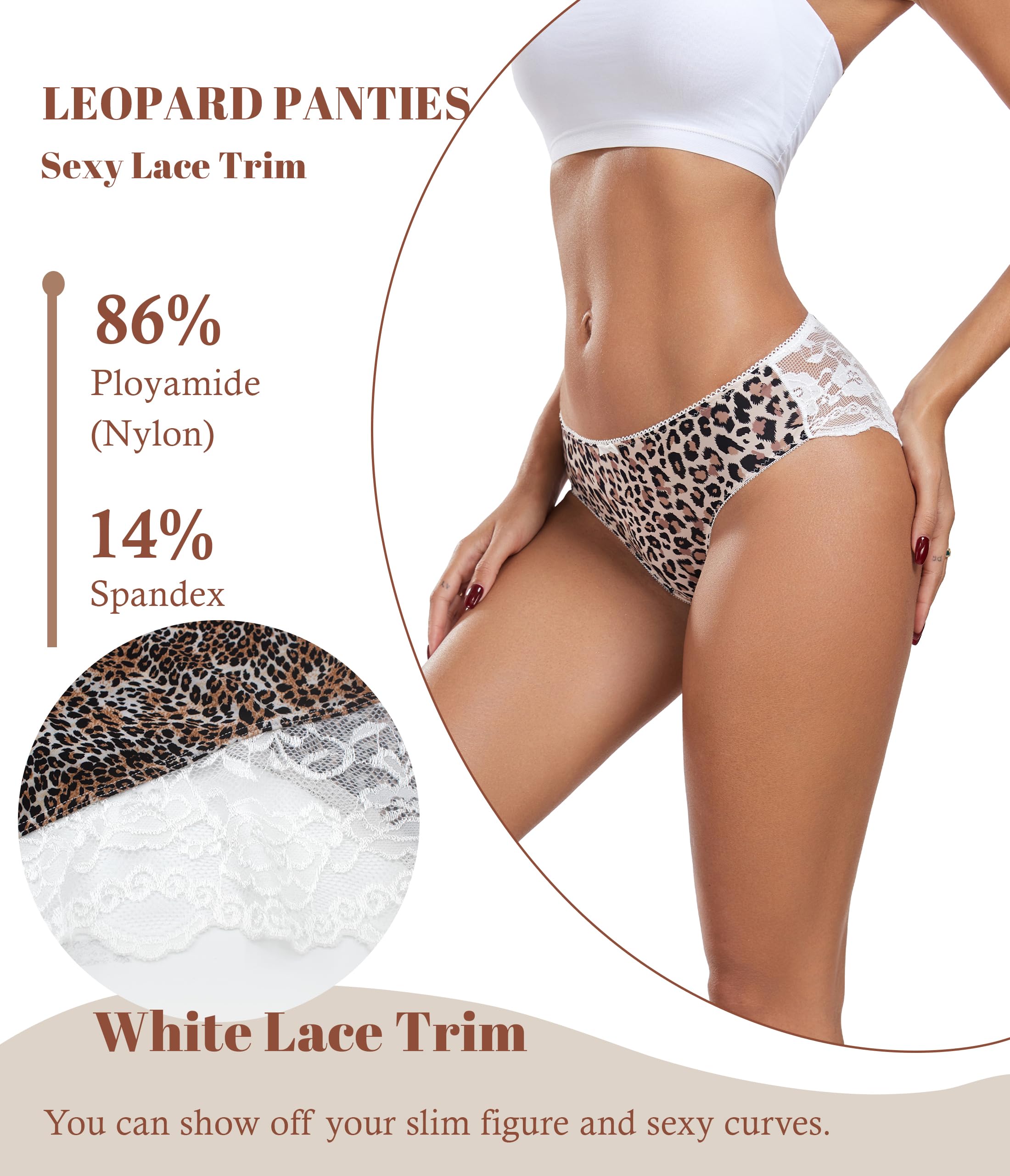 ANLIQI Leopard Print Women Underwear Lace Bikini Panties Pack Comfy Sex Hipster Soft Smooth Animal Print Brief for Ladies