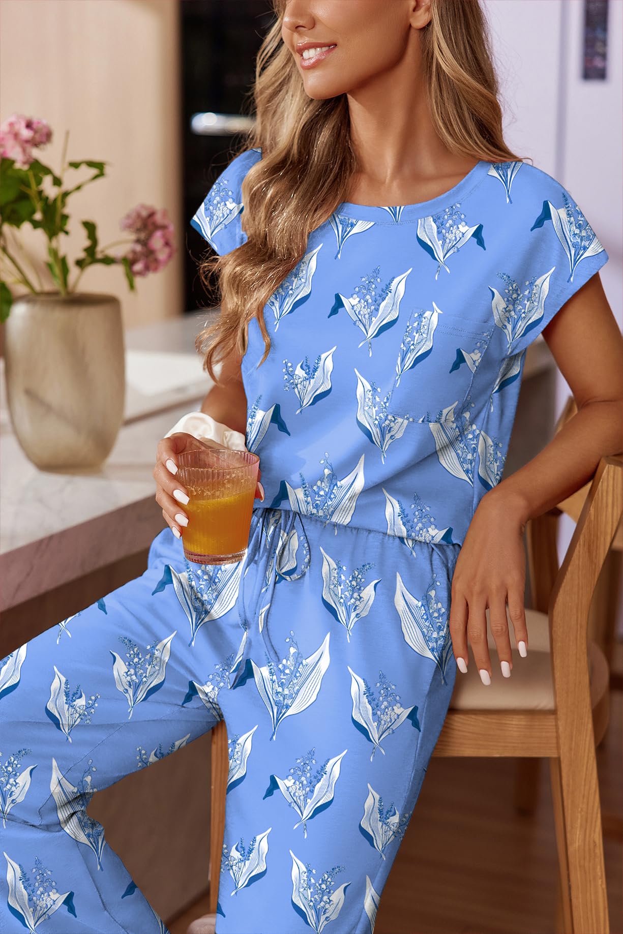 Ekouaer Womens Pajama Sets 2 Pcs Short Sleeve Lounge Set with Pockets