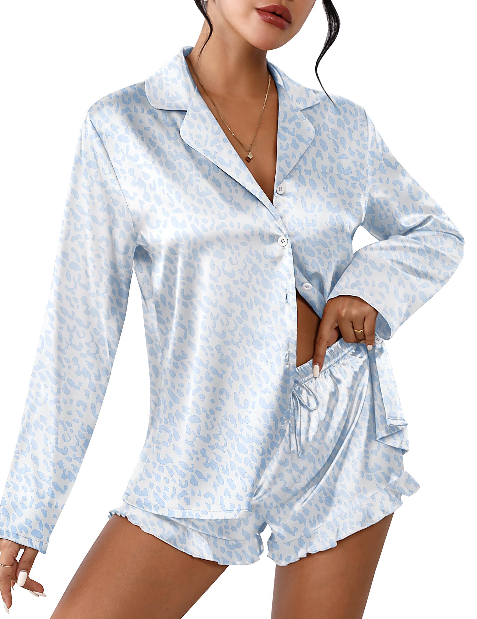 Ekouaer Womens Satin Pajama Sets Cute Button Down Silk Pjs with Ruffle