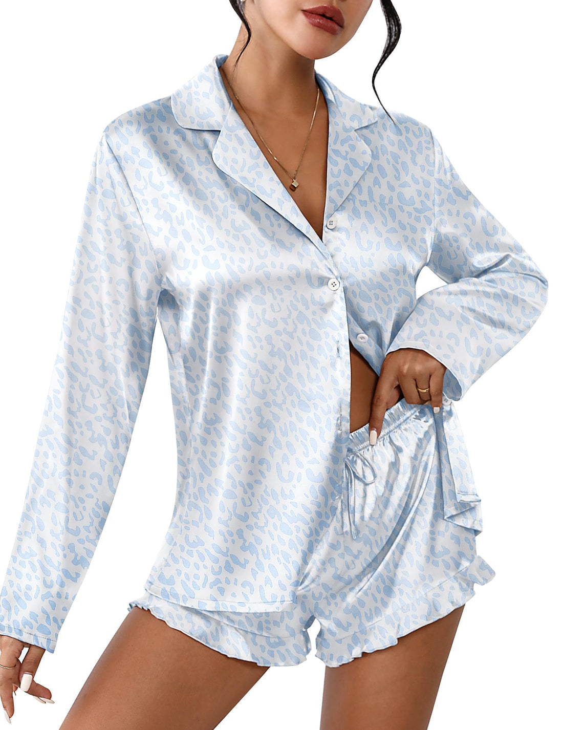 Ekouaer Womens Satin Pajama Sets Cute Button Down Silk Pjs with Ruffle