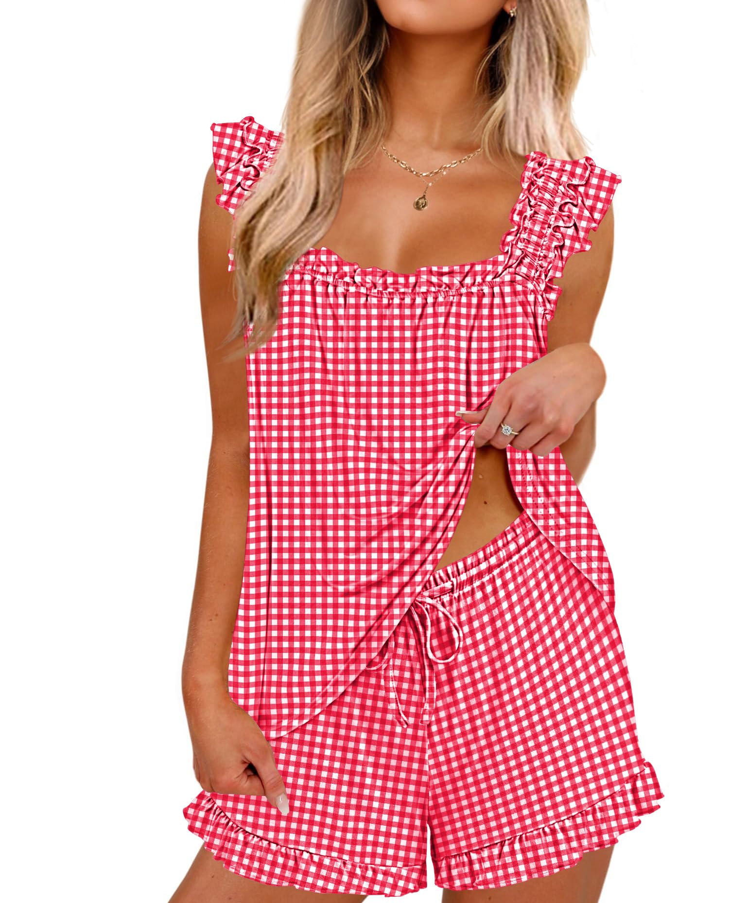 Ekouaer Pajama for Women Set 2 Piece Ruffle Pjs Soft Tank Top and Shorts