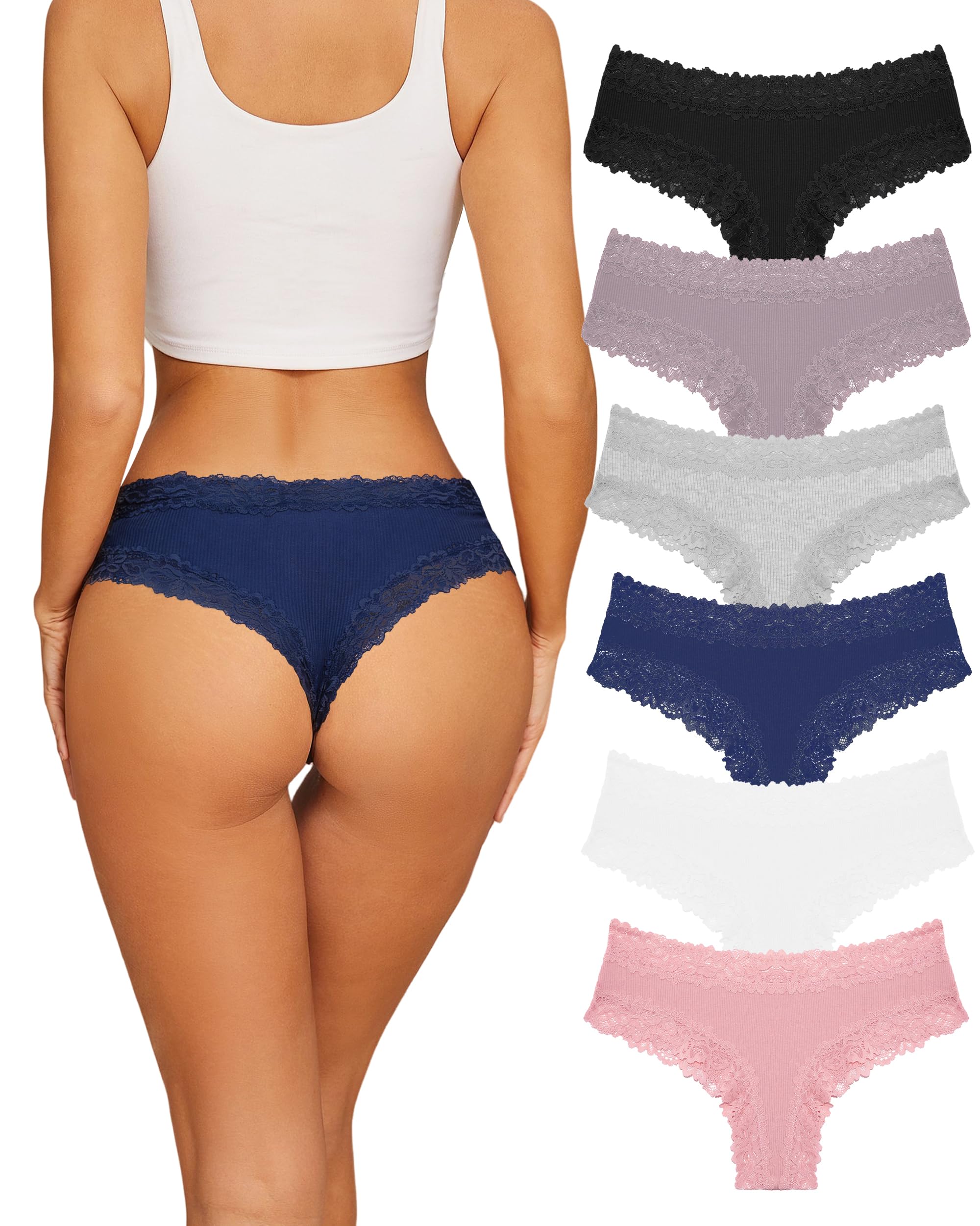 Sth Big Womens Cotton Underwear Sexy Lace Brazilian Panties Soft Breathable Cotton Bikini for Ladies 6 Pack
