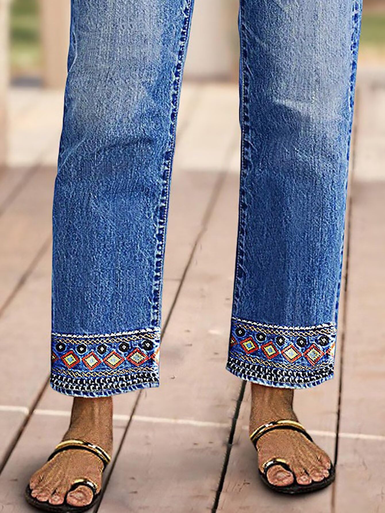 Flamingals Straight Leg Cropped Jeans for Women Trendy Mid Rise Stretchy Tribal Embroidery Raw Hem Ankle Jeans