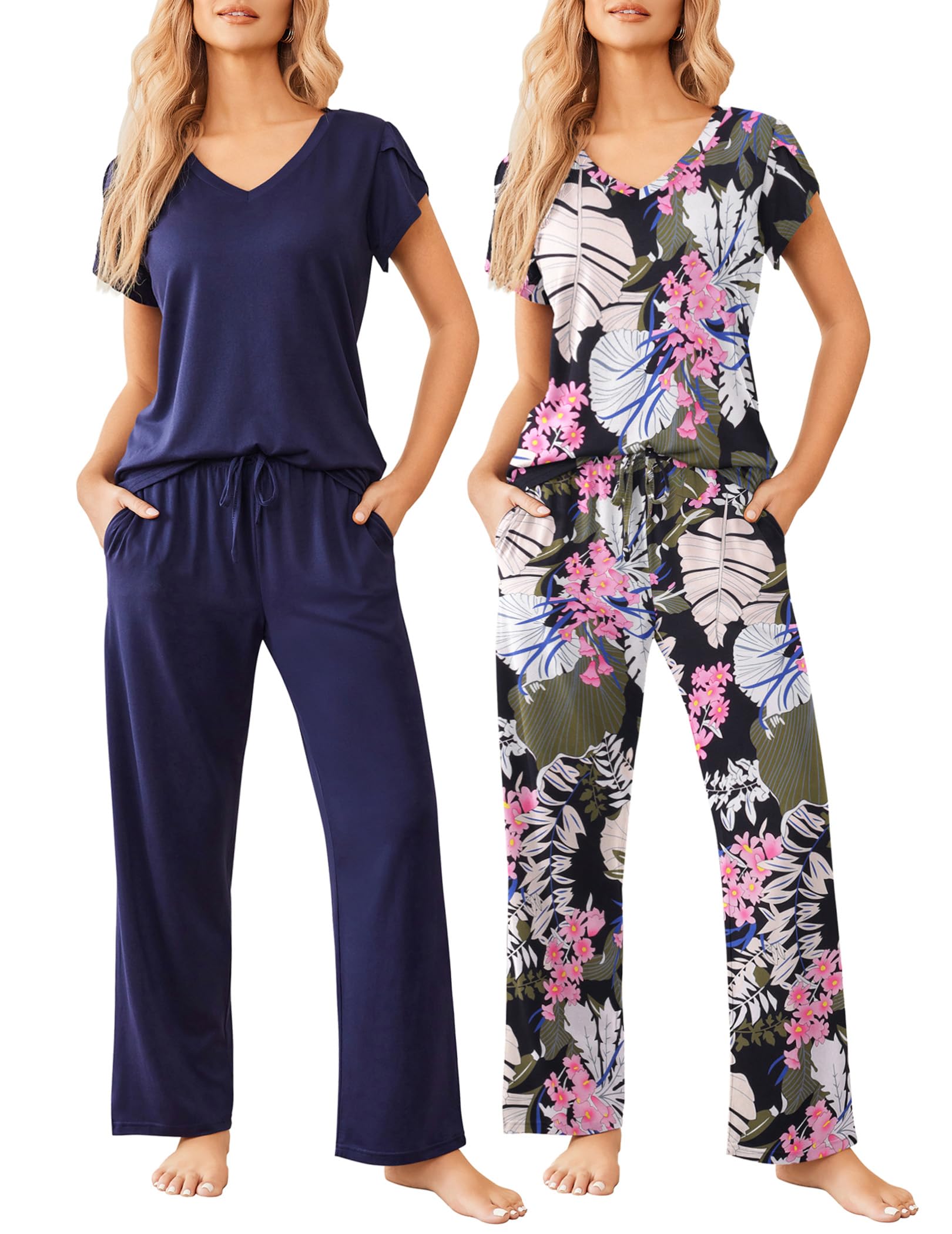 Ekouaer 2 Pack Womens Pajama Set Short Sleeve Sleepwear Soft Pjs Lounge Set