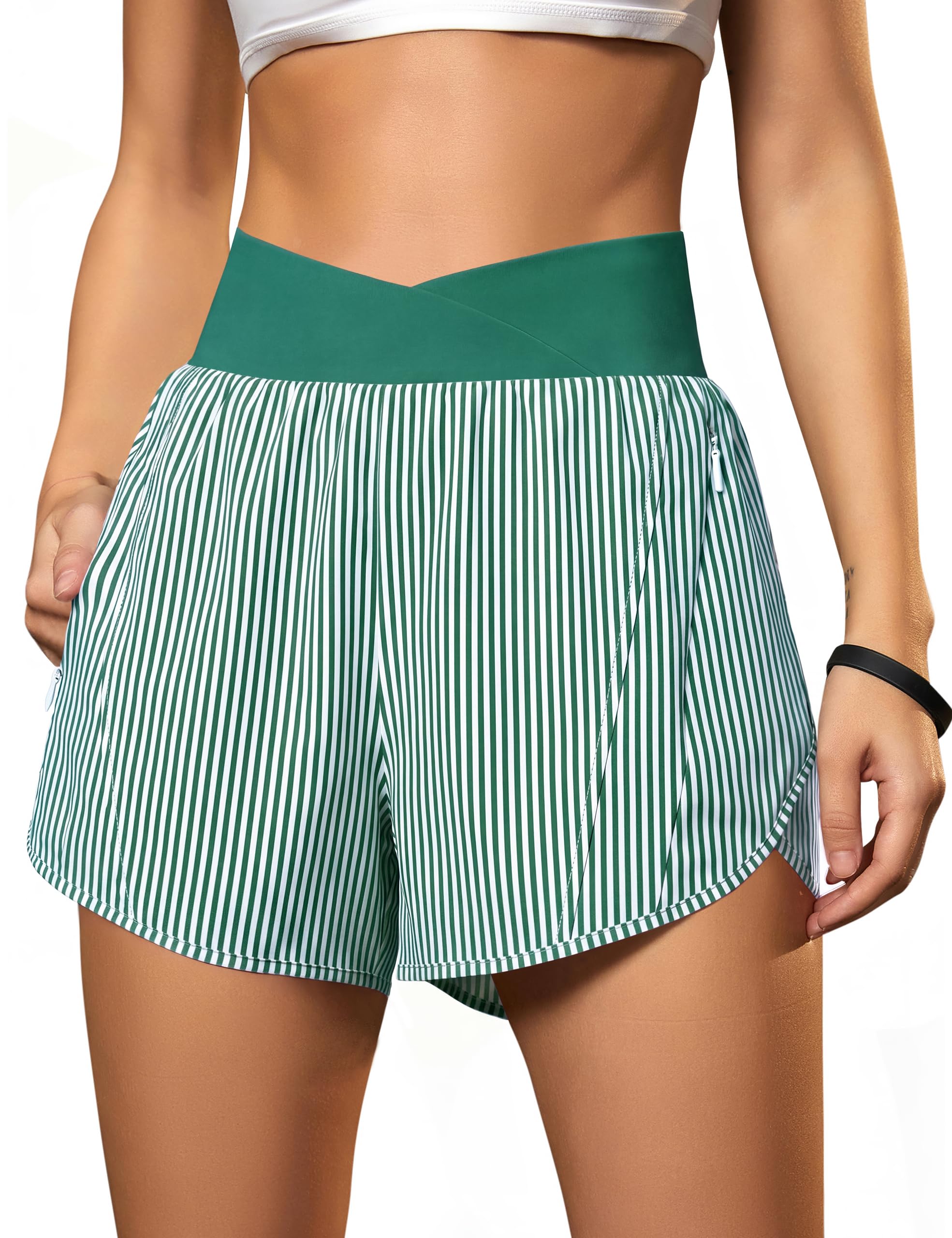 Blooming Jelly Women's Workout Shorts Athletic Running Shorts Crossover High Waisted Gym Shorts with Zipper Pockets