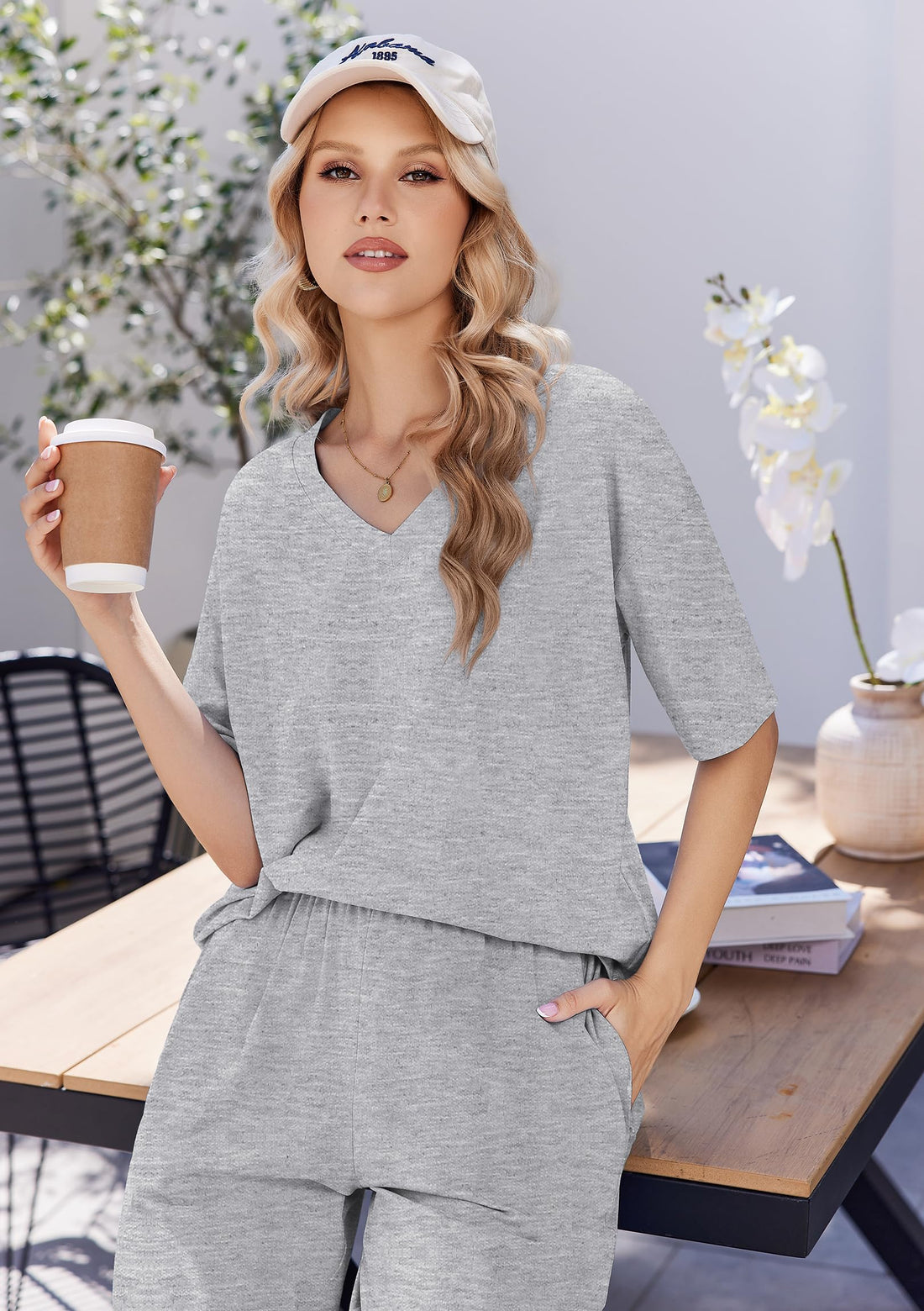 Ekouaer Womens Pajama Sets Cotton Short Sleeve Long Pants Lounge Set