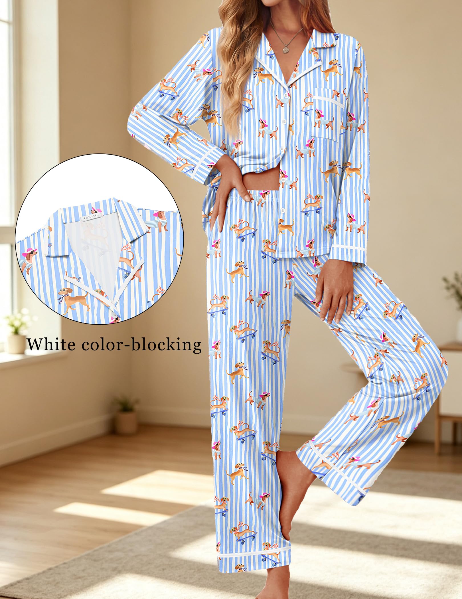 Ekouaer Womens Pajama Sets Long Sleeve Button Down Lounge Sets with Pockets