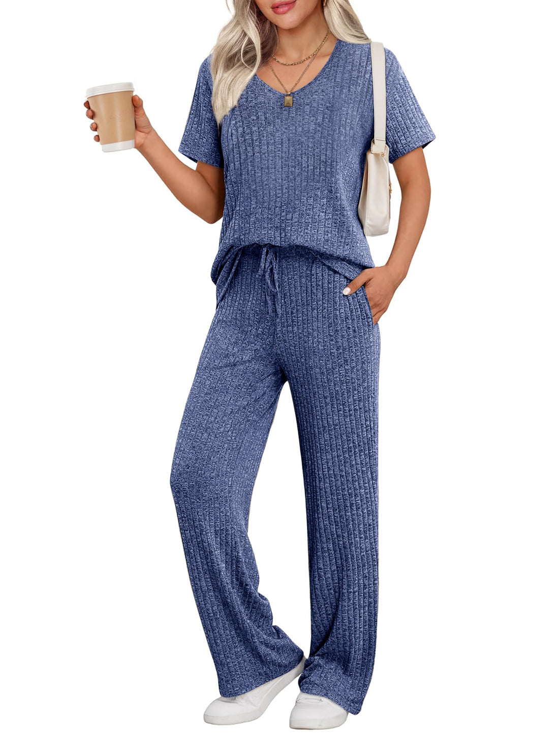 Ekouaer Womens Ribbed Knit Lounge Set Short Sleeve Top and Long Pants Sleepwear Pajama Set Two Piece Matching Outfits Set
