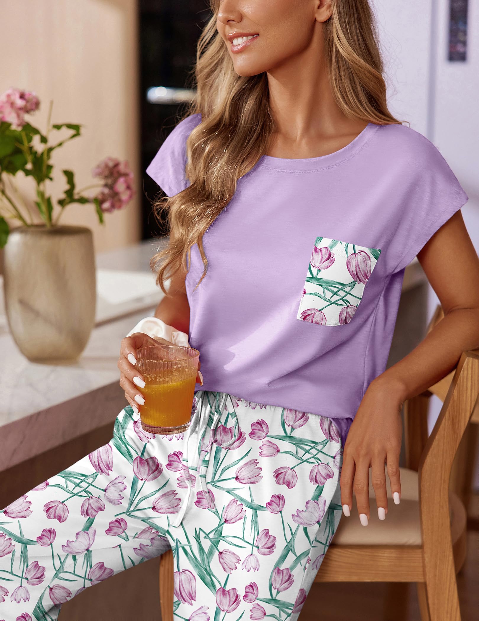 Ekouaer Womens Pajama Sets 2 Pcs Short Sleeve Lounge Set with Pockets