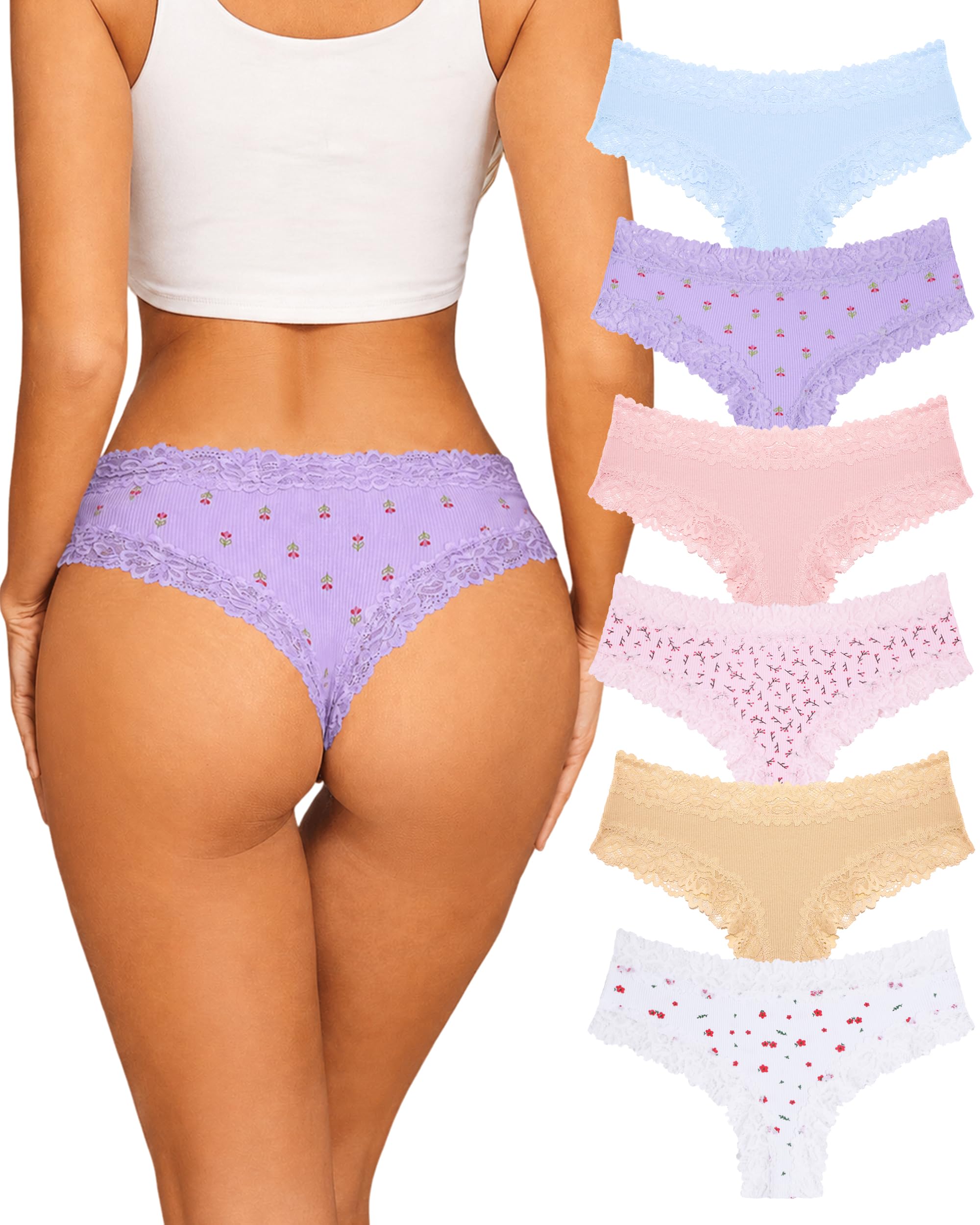 Sth Big Womens Cotton Underwear Sexy Lace Brazilian Panties Soft Breathable Cotton Bikini for Ladies 6 Pack