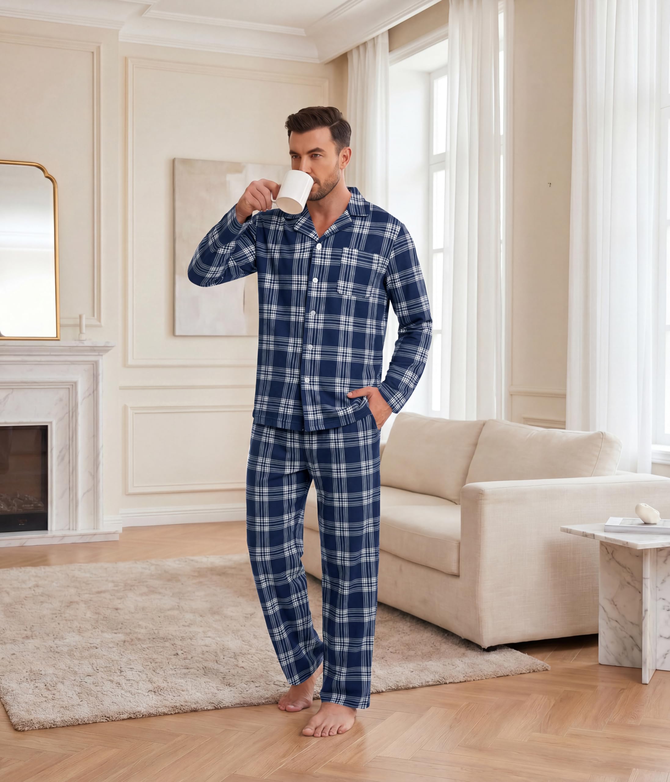 Ekouaer Mens Pajamas Set Long Sleeve Button Down Pjs Long Pants with Pocket