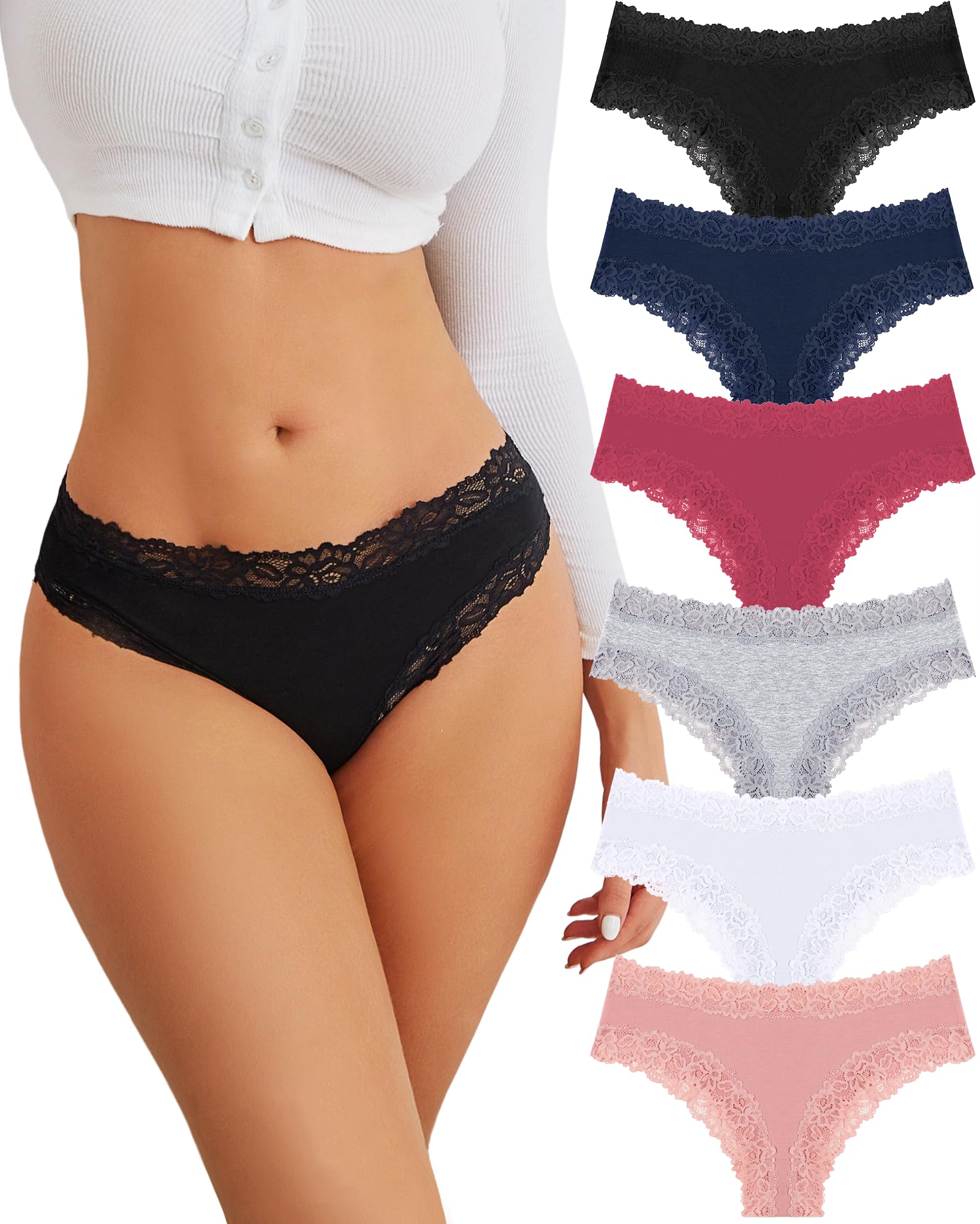 FINETOO Cotton Underwear Womens Sexy Lace Cheeky Low Rise Panties 6 Pack