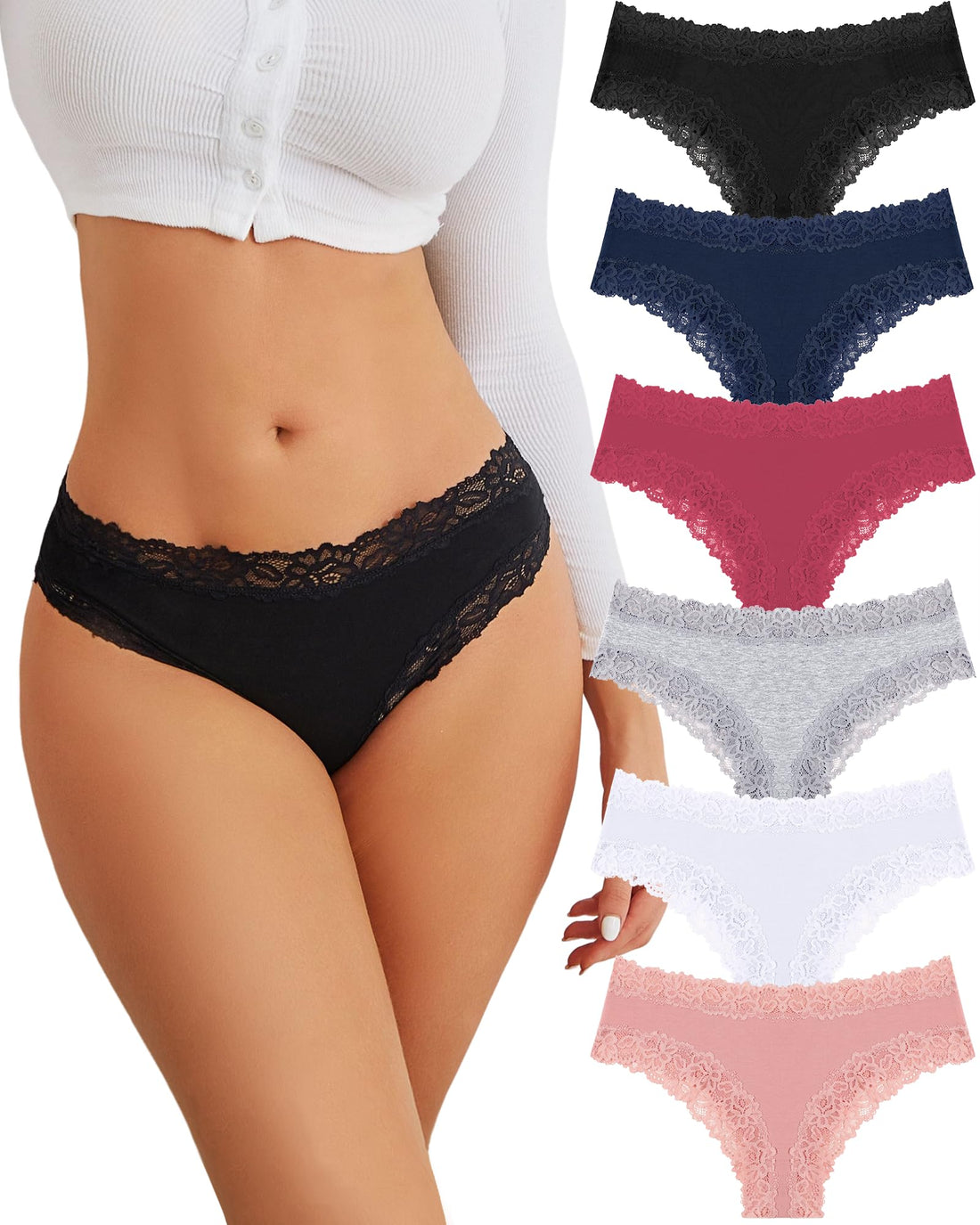 FINETOO Cotton Underwear Womens Sexy Lace Cheeky Low Rise Panties 6 Pack