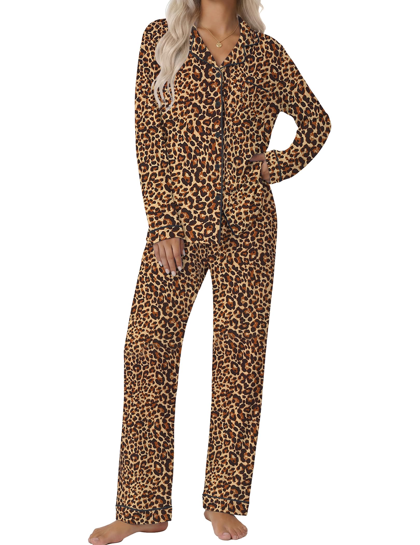 Ekouaer Women's Classic Long Sleeve Button Down Pajama Set