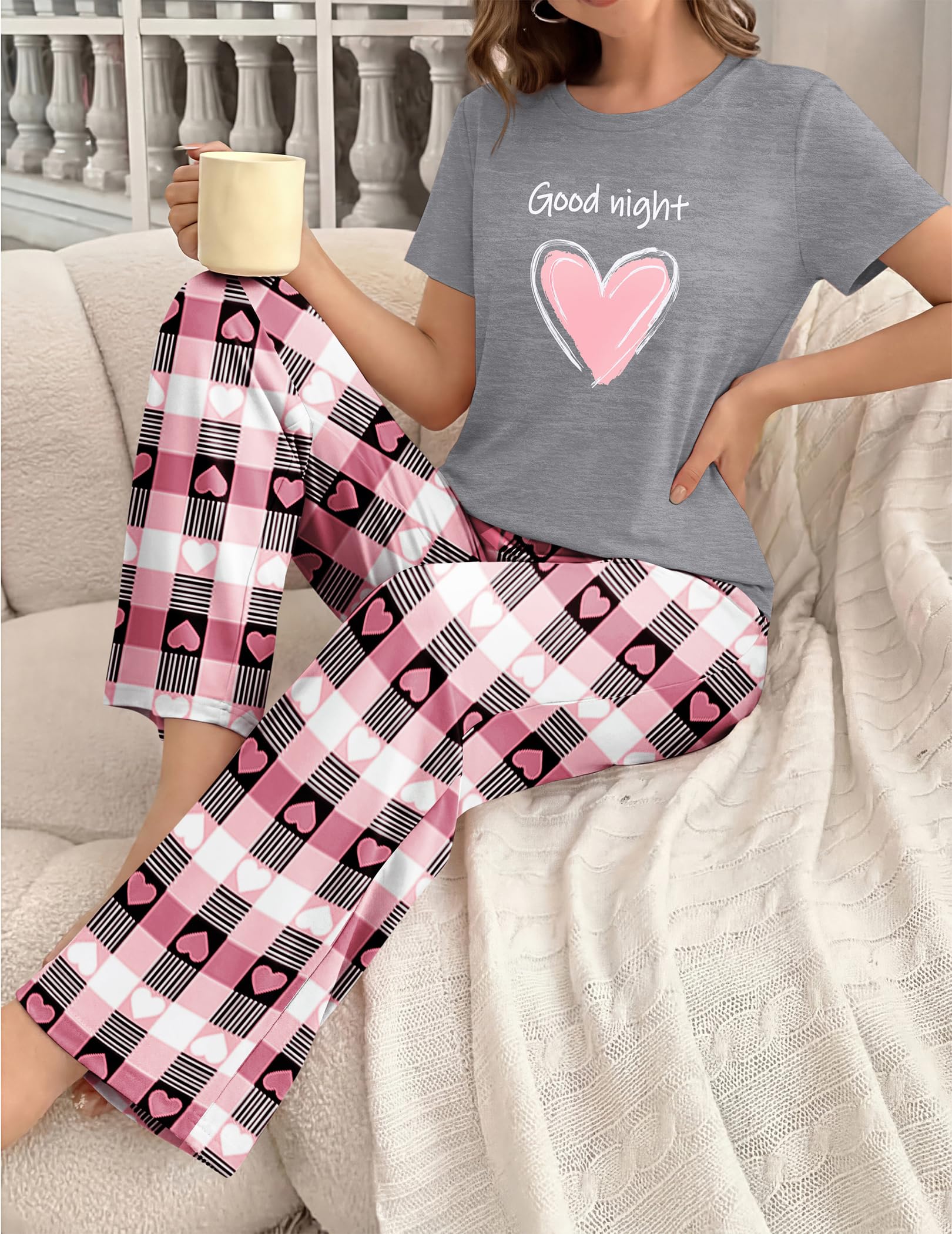 Ekouaer Pajama Set for Women 2 Piece Pjs Short Sleeve Top and Printed Pants
