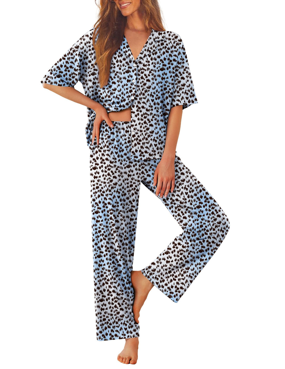 Ekouaer Women Pajamas Set Button Down Sleepwear Short Sleeve Pjs Long Pants