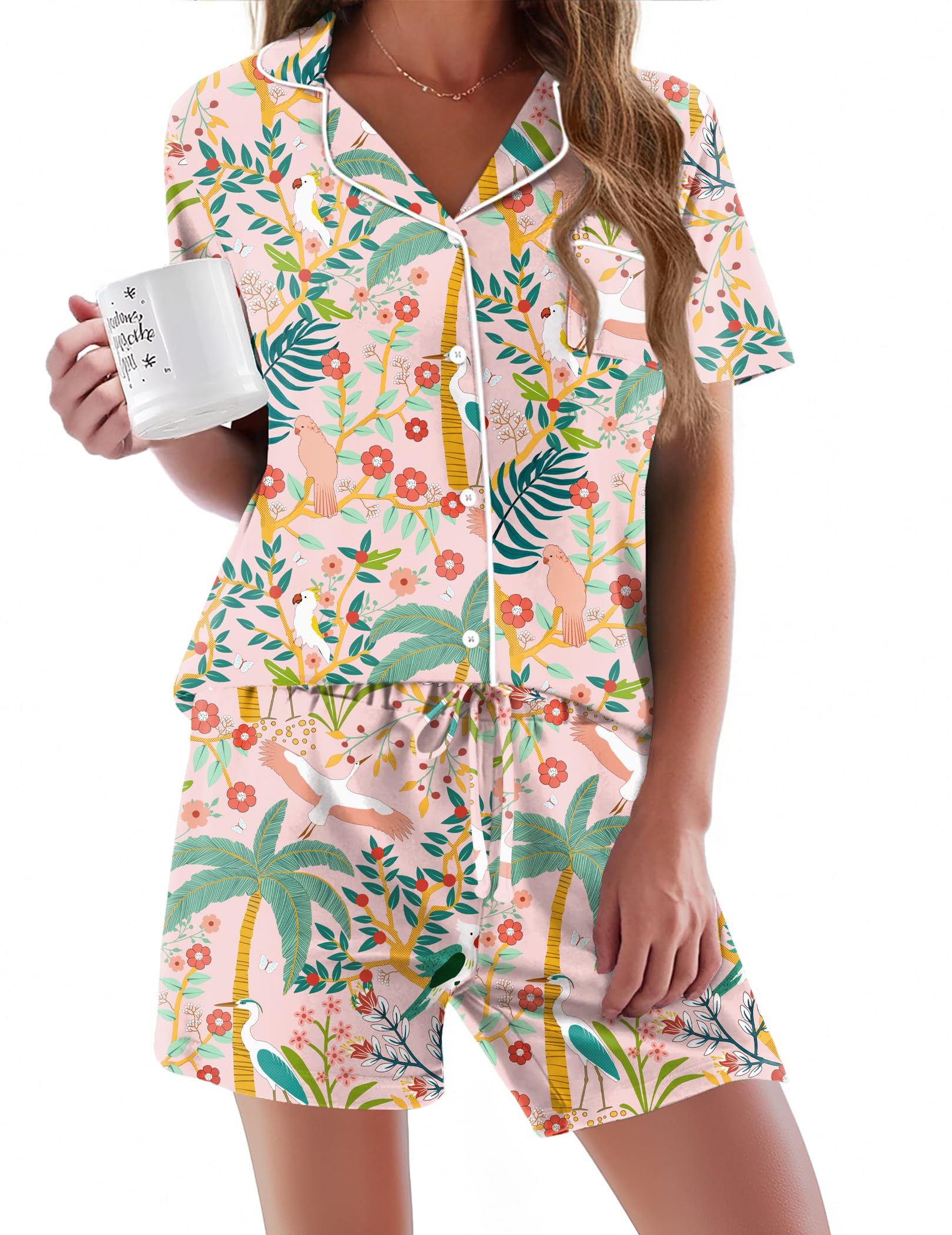 Ekouaer Pajamas Set for Women Short Sleeve Sleepwear Button Down Pj XS-XXXL