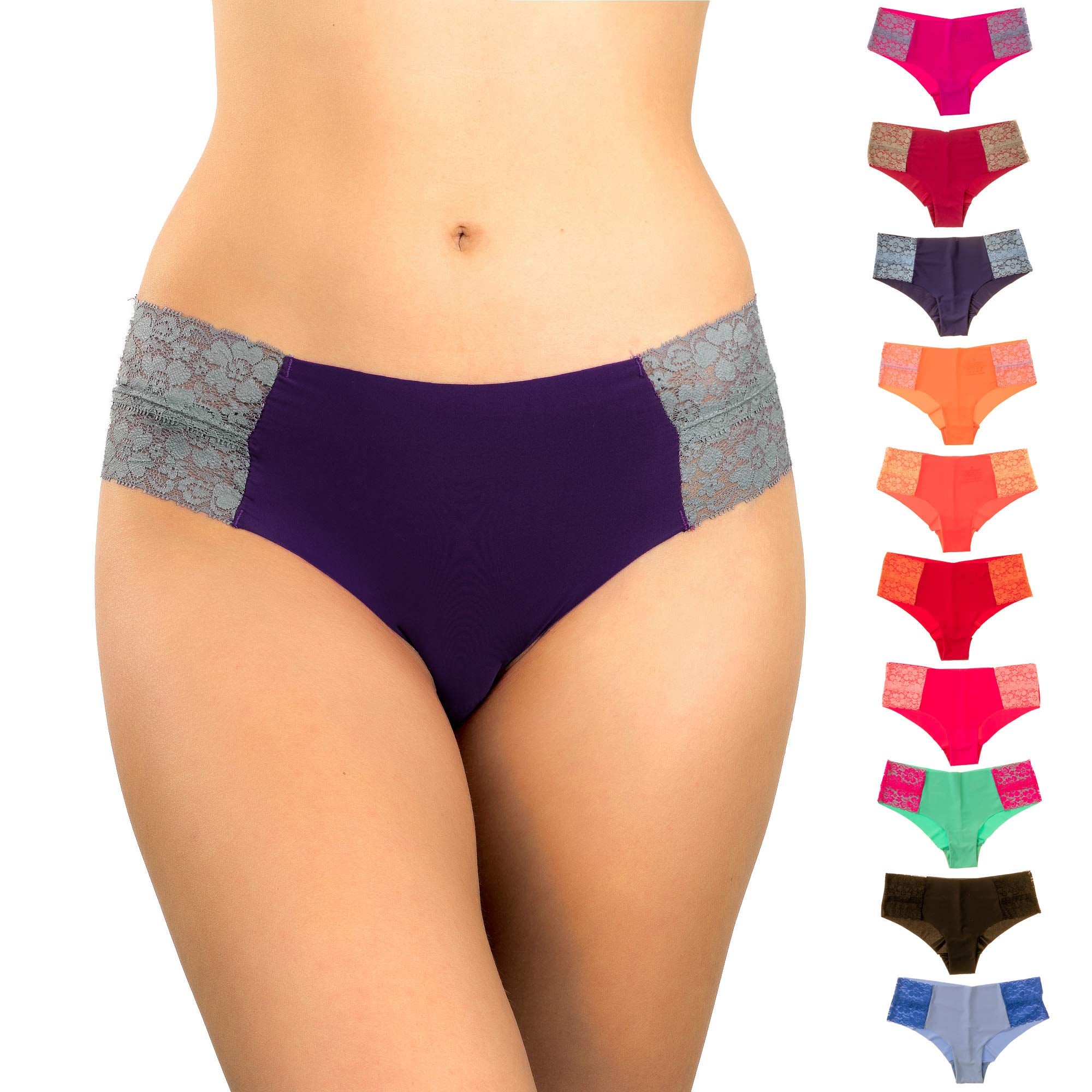 Pretty Sweet Intimates Women’s Seamless Cheeky Bikini Underwear, Pack of 10- Laser Cut, No Show Cheeky Panties with Lace