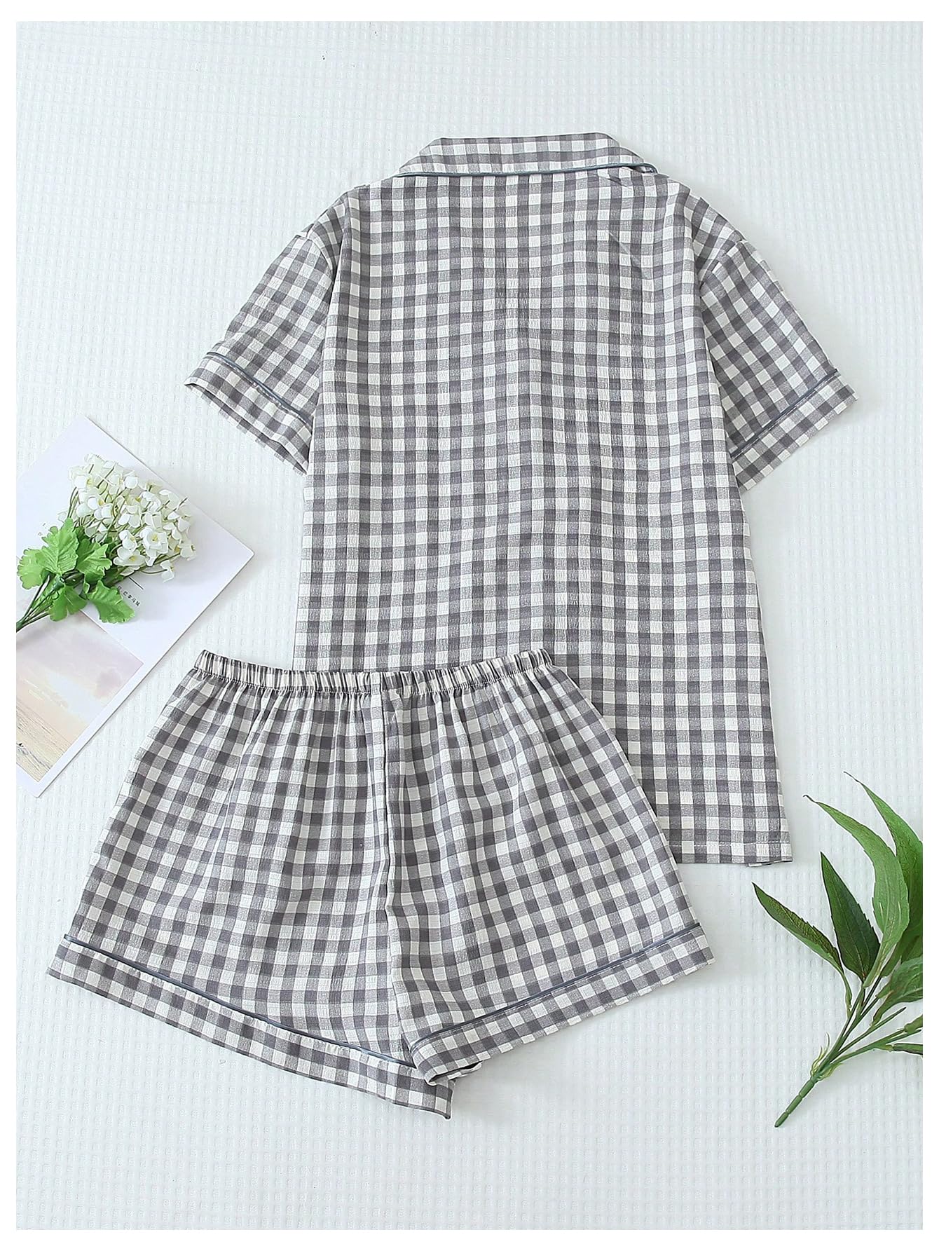 Verdusa Pajamas Sets 2 Piece Gingham Cute Button Down Shirts with Shorts