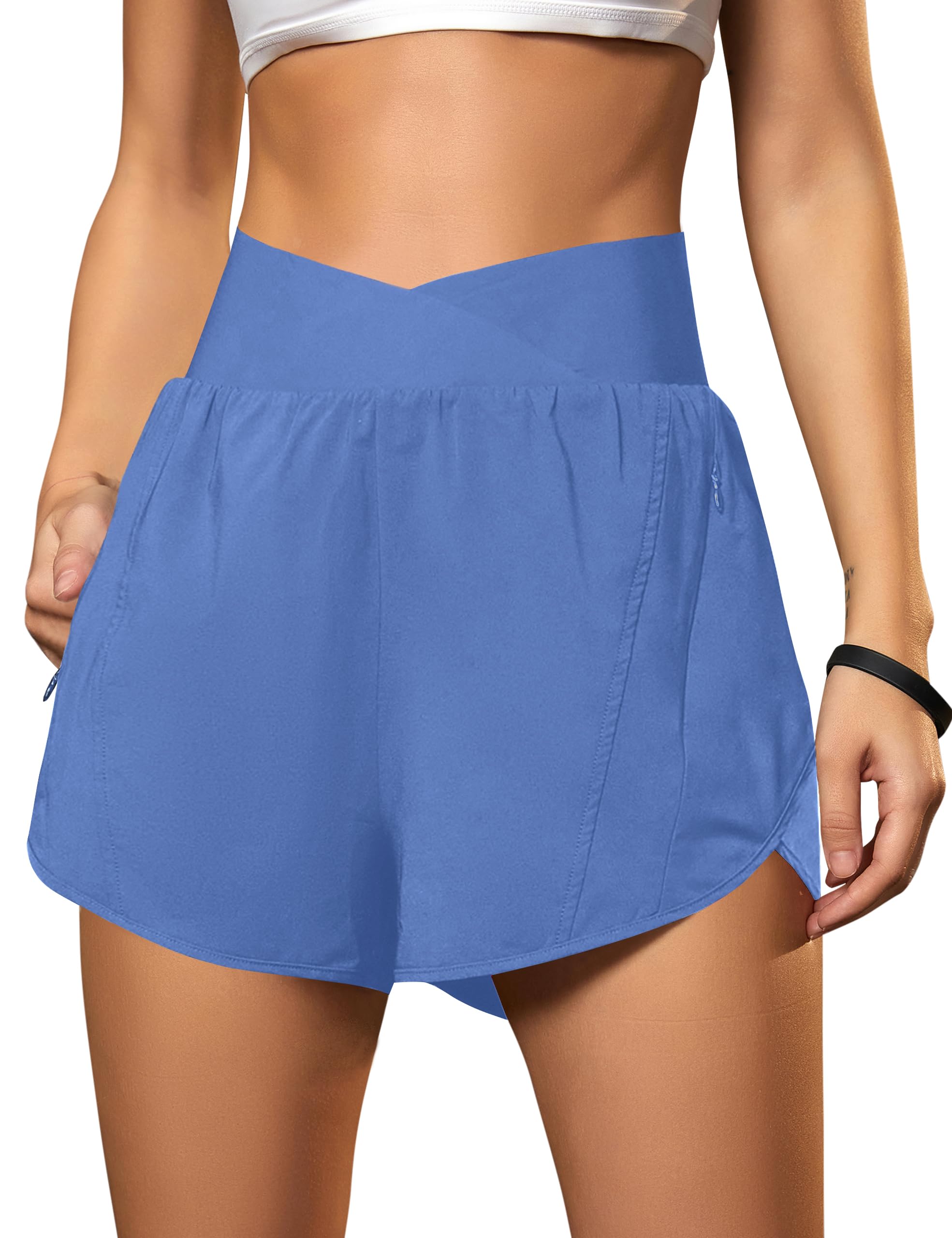Blooming Jelly Women's Workout Shorts Athletic Running Shorts Crossover High Waisted Gym Shorts with Zipper Pockets