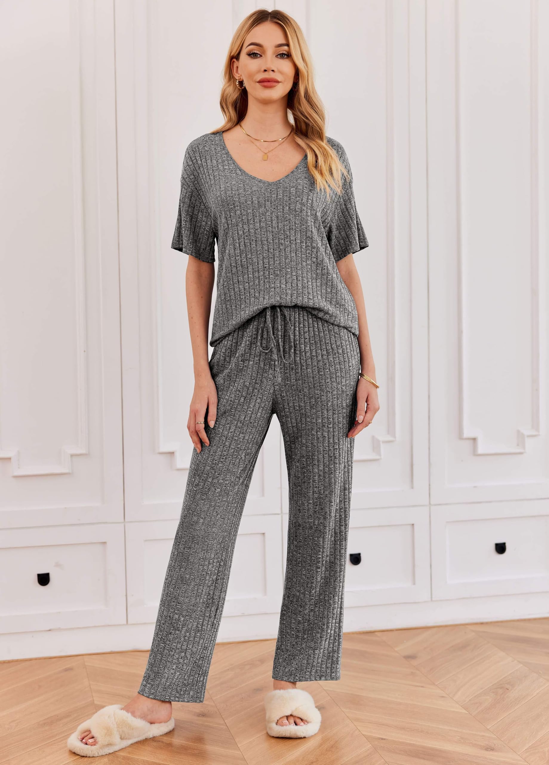 Ekouaer Womens Ribbed Knit Lounge Set Short Sleeve Top and Long Pants Sleepwear Pajama Set Two Piece Matching Outfits Set