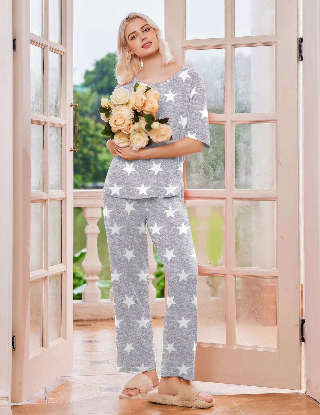 Ekouaer 2 Pack Womens Pajamas Sets Short Sleeve Long Pants Pjs Lounge Set