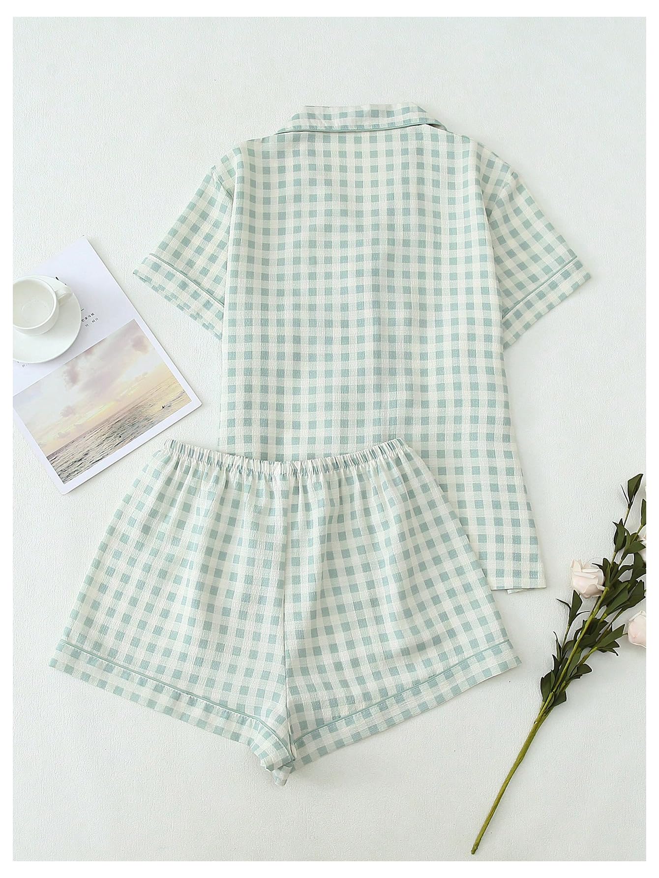 Verdusa Pajamas Sets 2 Piece Gingham Cute Button Down Shirts with Shorts