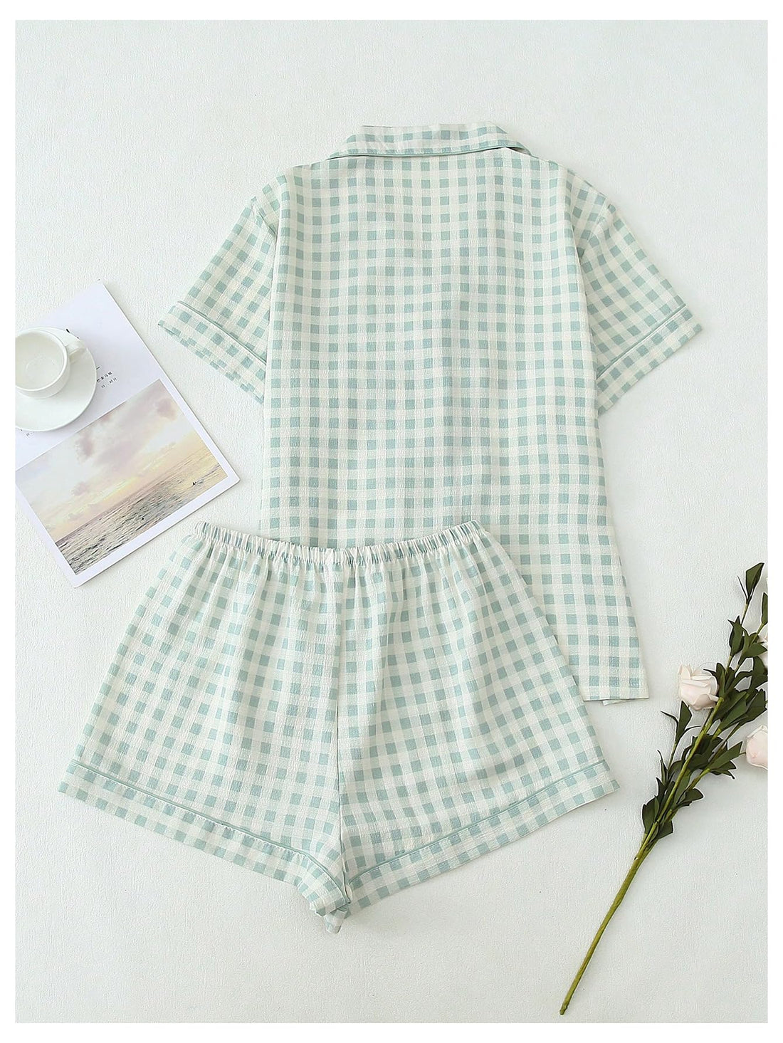 Verdusa Pajamas Sets 2 Piece Gingham Cute Button Down Shirts with Shorts