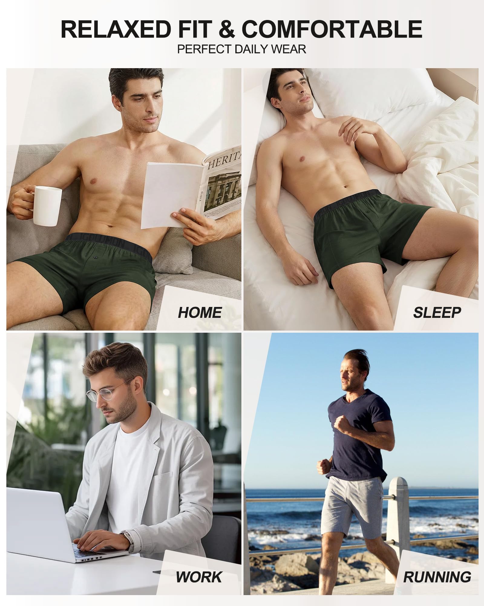 IGOLUMON Mens Boxer Shorts Underwear Soft Breathable Bamboo Rayon Boxers for Men Relaxed Fit Boxers with Button Fly 5 Pack