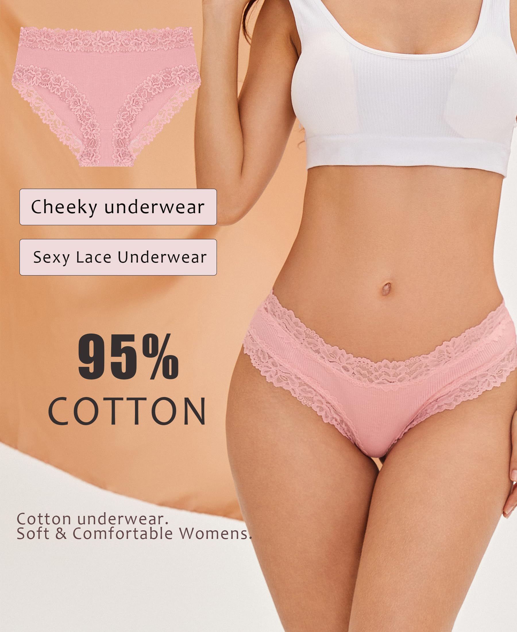 Knowyou Cotton Underwear for Women No Roll Soft Panties No Dig Lace Waist Hipster Breathable Cheeky Lingerie for Women