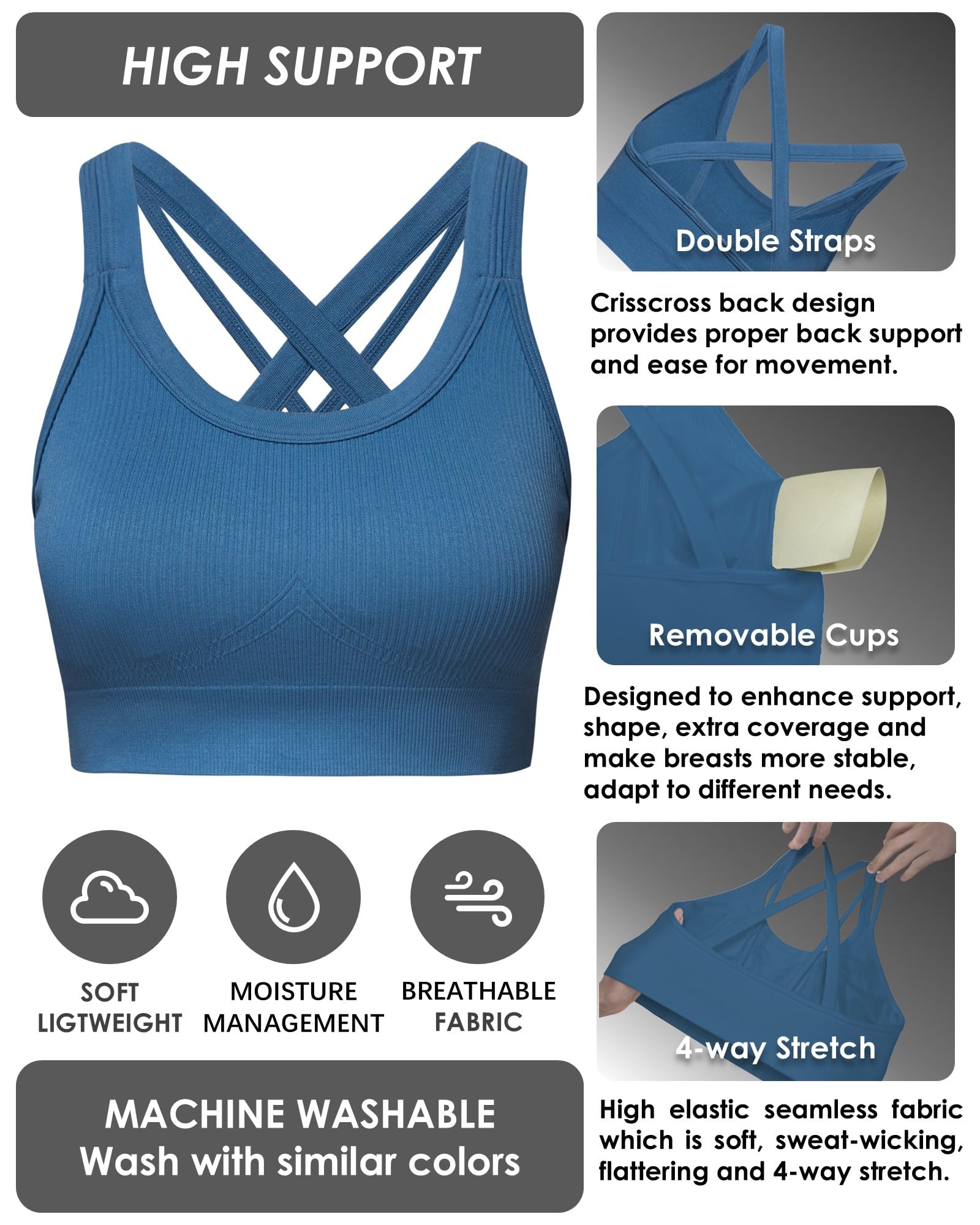 Sports Bras for Women HIigh Support, Criss-Cross Back Padded Strappy High Impact Sports Bras for Women Large Bust