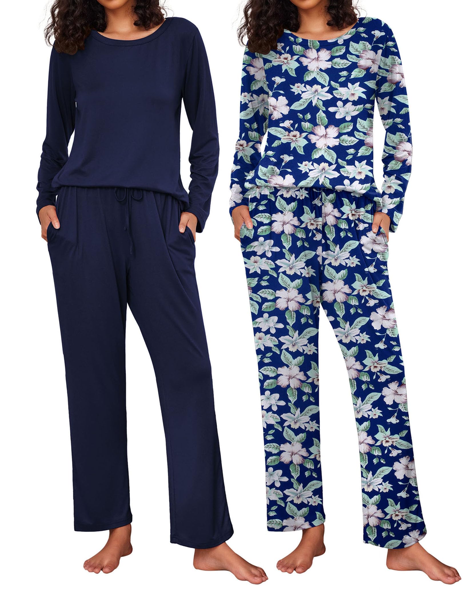 Ekouaer Women's 2 Pack Pajama Sets Long Sleeve Lounge Set Soft Comfy Pjs