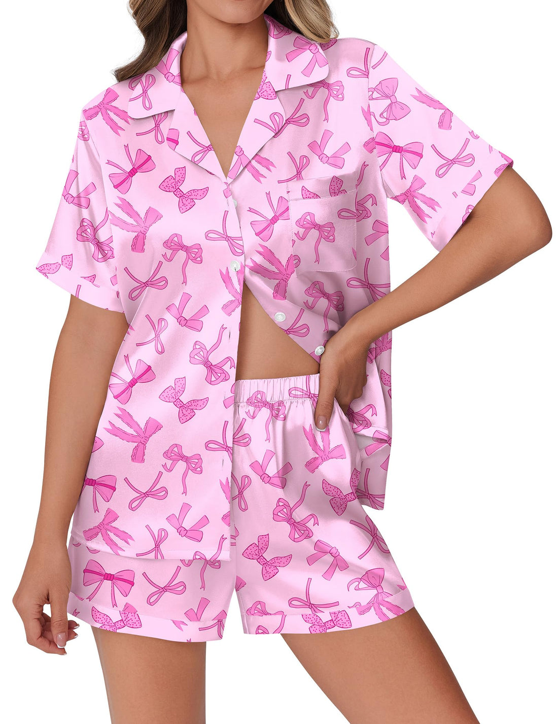 Ekouaer Womens Silky Satin Pajamas Set Short Sleeve Colorful Print Pjs