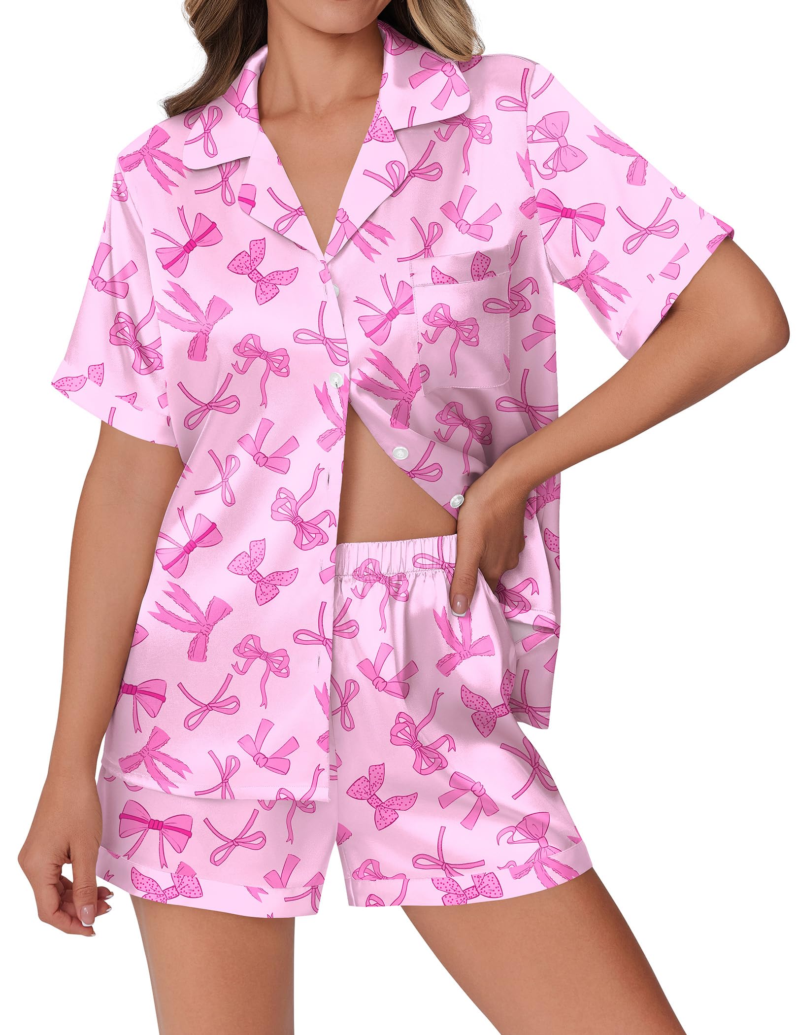 Ekouaer Womens Silky Satin Pajamas Set Short Sleeve Colorful Print Pjs