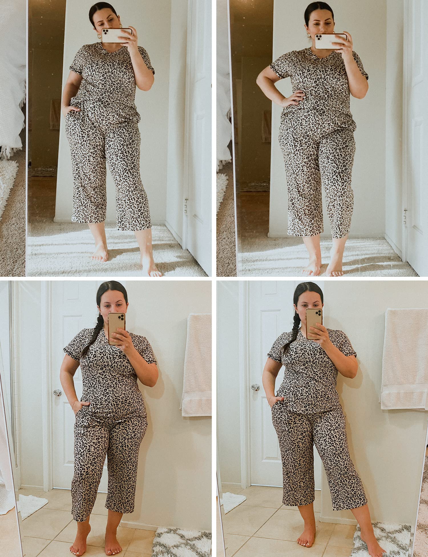 Ekouaer 2 Pack Women's Capri Pajama Sets Short Sleeve Two-Piece Pjs V Neck Tops & Pants Printed Lounge Sets S-3XL