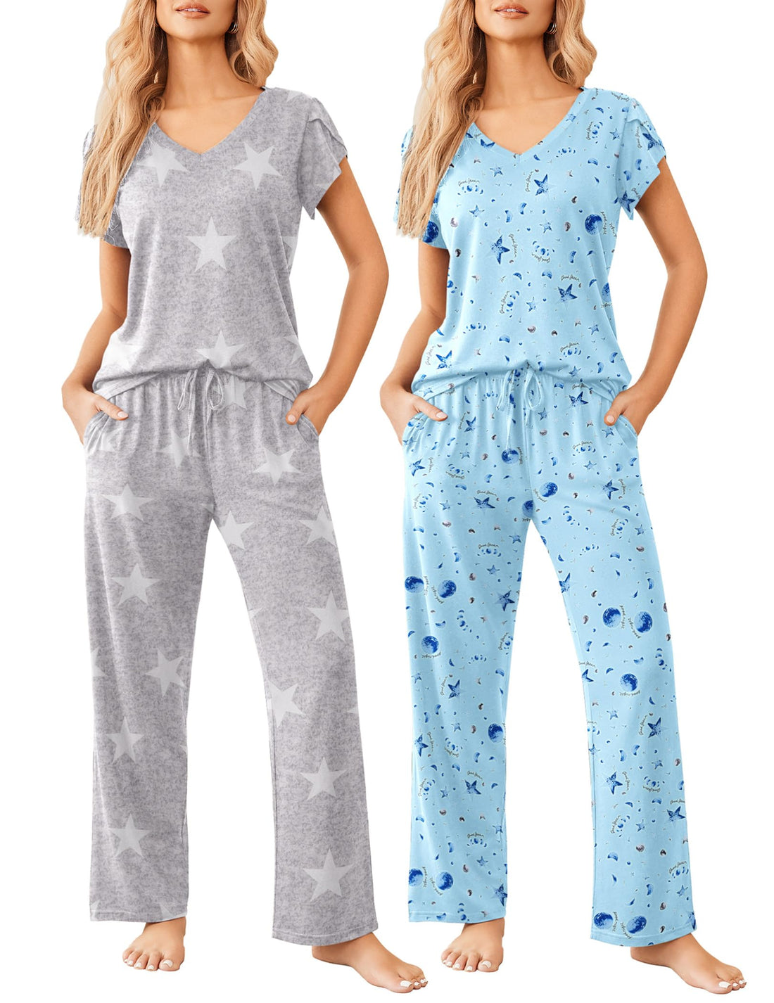 Ekouaer 2 Pack Womens Pajama Set Short Sleeve Sleepwear Soft Pjs Lounge Set