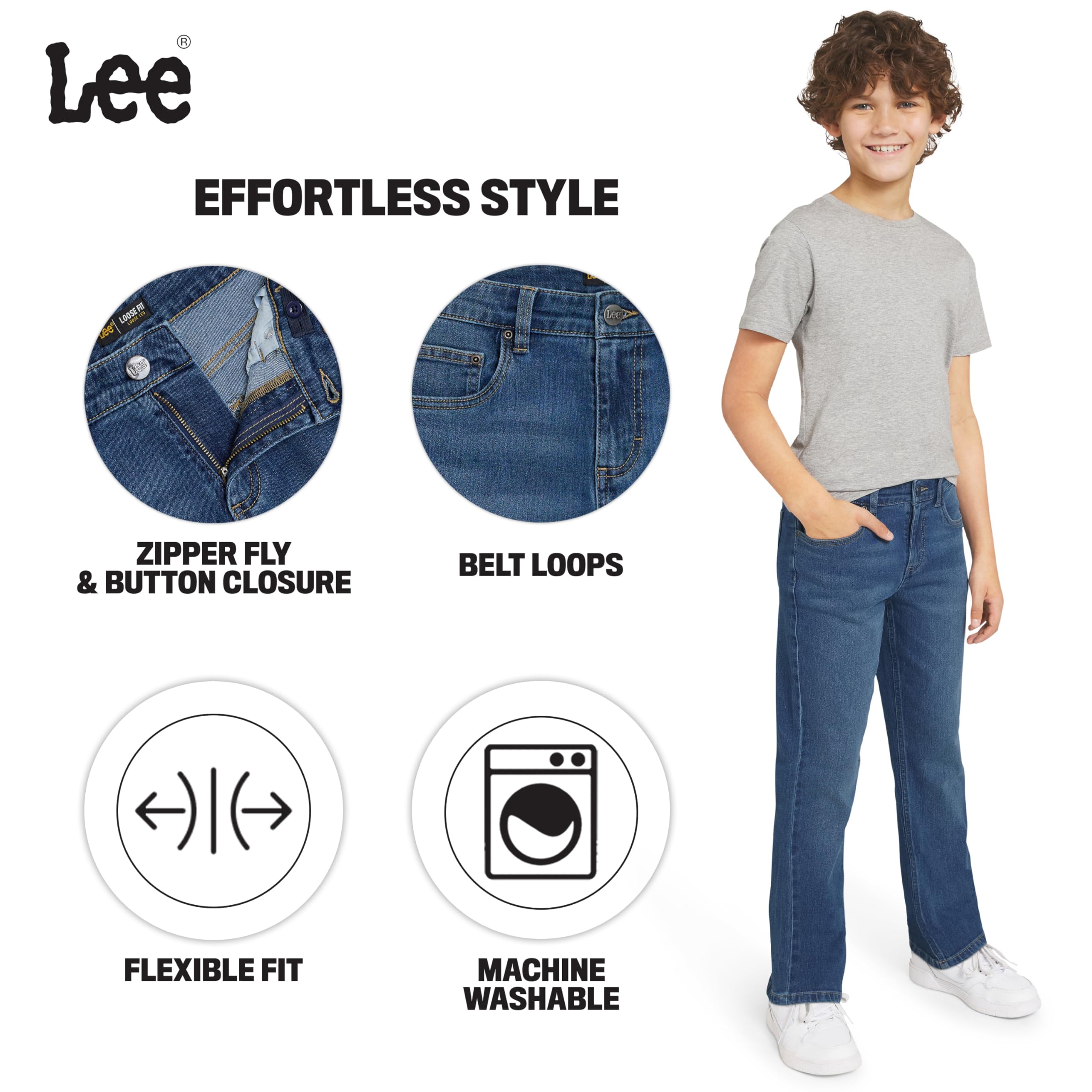 Lee Boys' 5 Pocket Loose Fit Stretch Waist Denim Jeans
