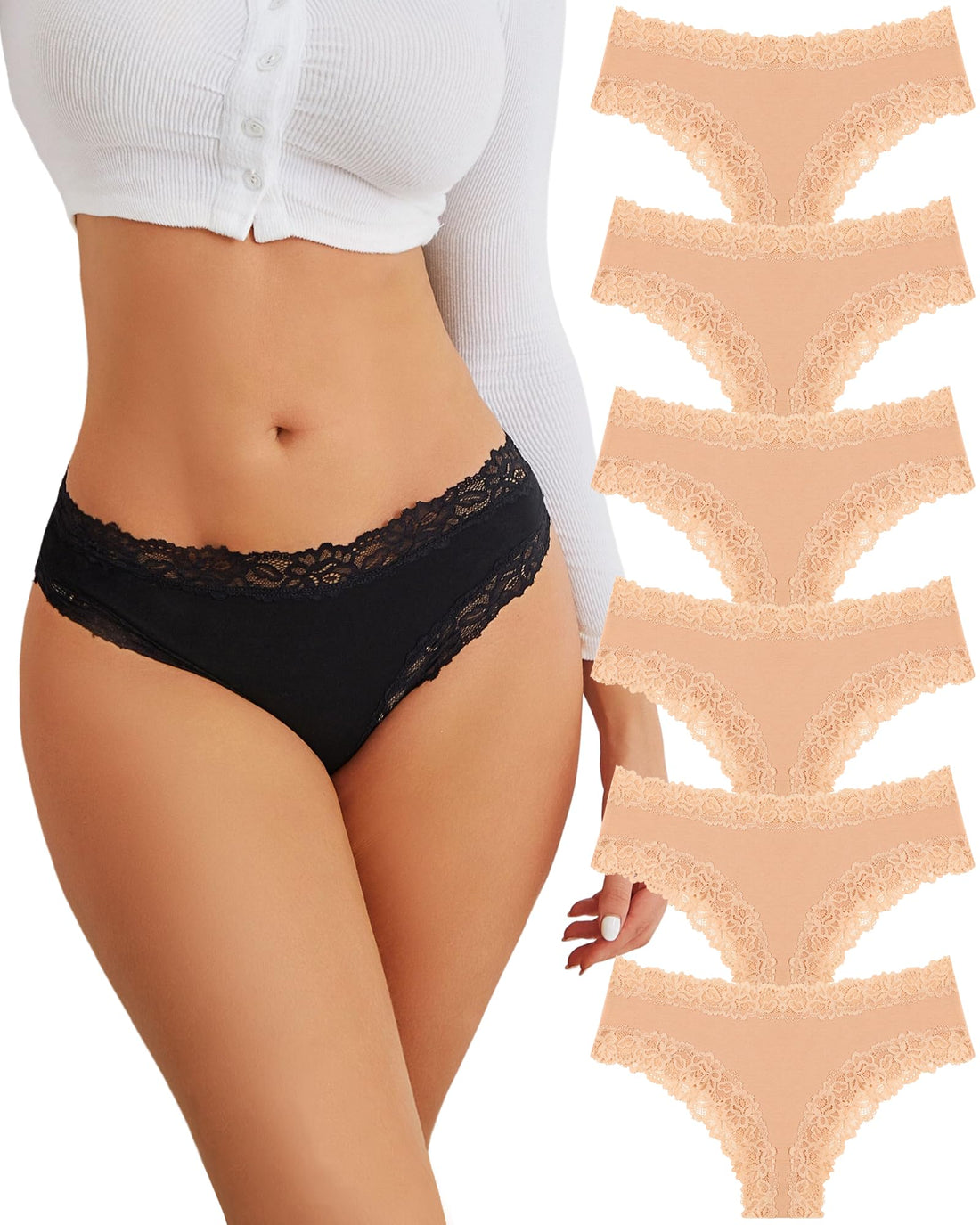 FINETOO Cotton Underwear Womens Sexy Lace Cheeky Low Rise Panties 6 Pack