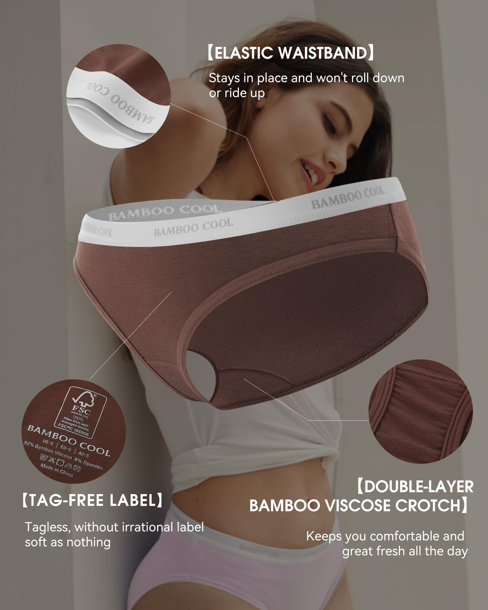 BAMBOO COOL Womens Underwear Bikini Underpants Hipster Ladies Panties Soft Stretch Breathable Panties for Women, 5-Pack