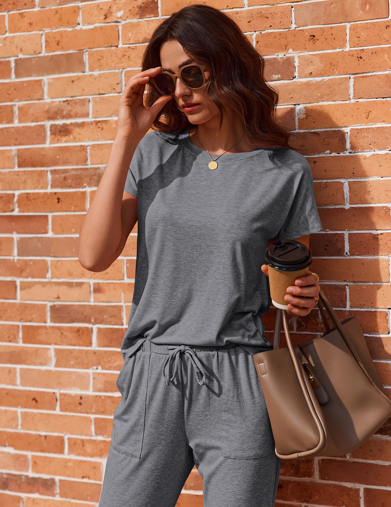 Ekouaer 2 Pack Womens Pajama Short Sleeve Jogger Pants Pjs Lounge Set