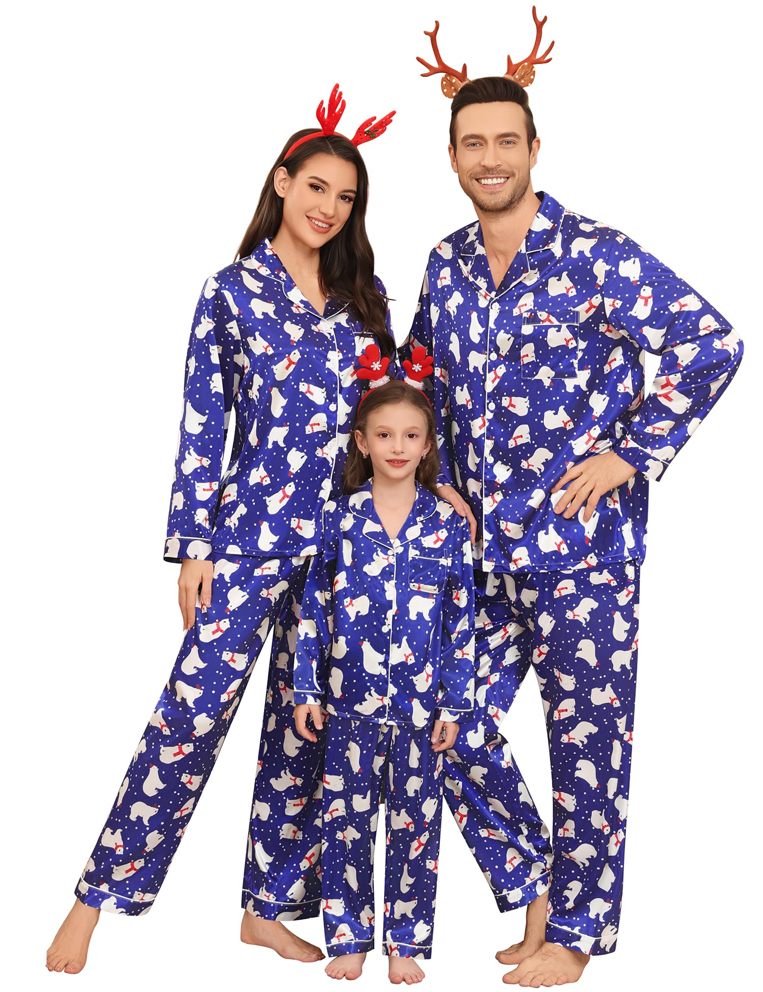 SWOMOG Family Matching Pajamas Set Silk Satin Button Down Sleepwear Long Sleeve Nightwear 2 Pcs Pj Set S-XXL