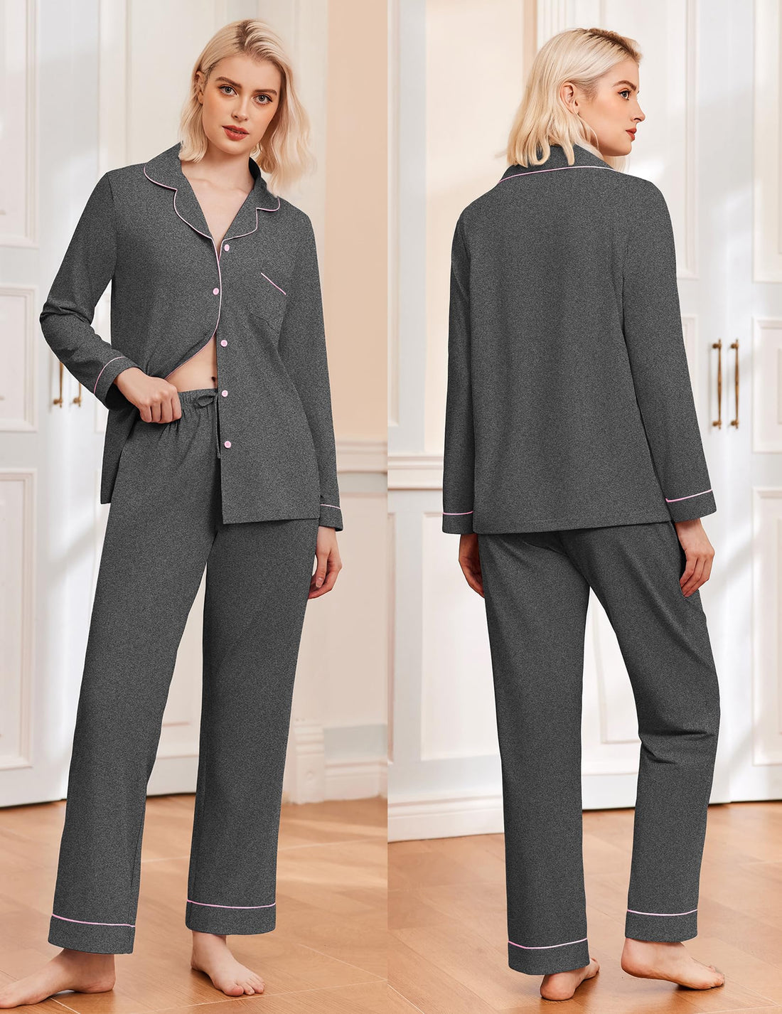 Ekouaer Womens Pajamas Set Classic Sleepwear Long Sleeve Button Up Pjs Sets