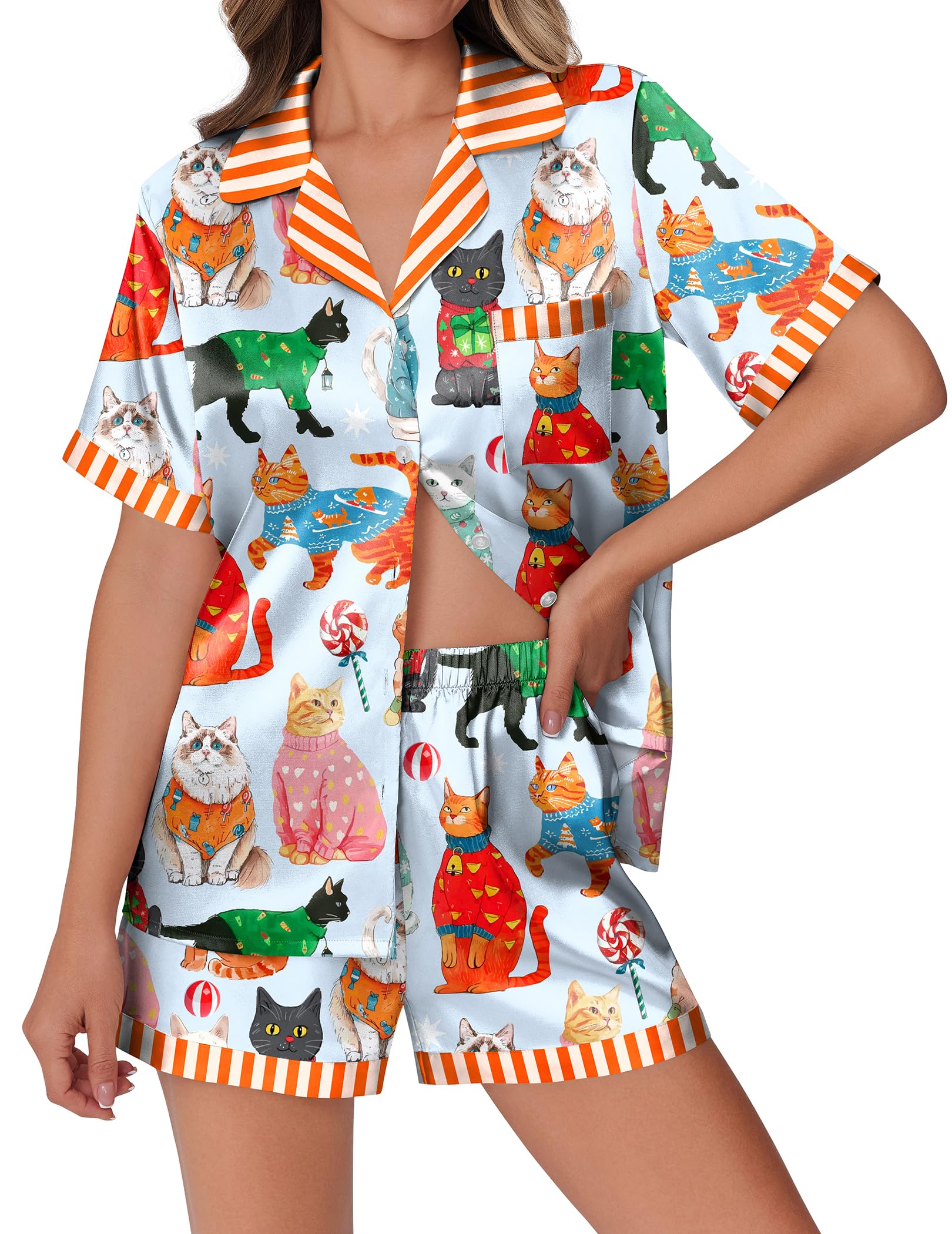 Ekouaer Womens Silky Satin Pajamas Set Short Sleeve Colorful Print Pjs