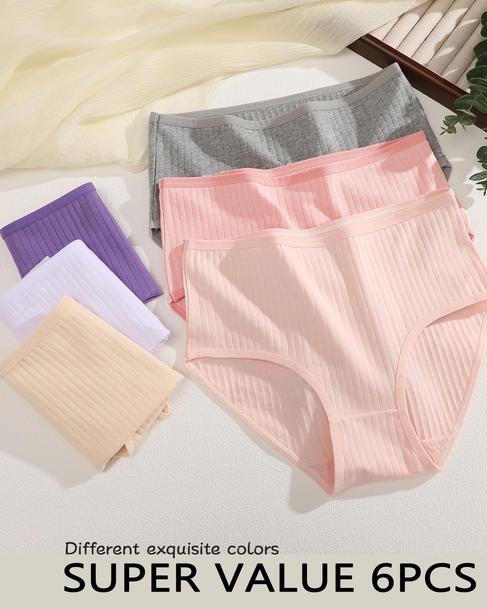 FINETOO Cotton Underwear Women High Waisted Ribbed Breathable Briefs 6 Pack