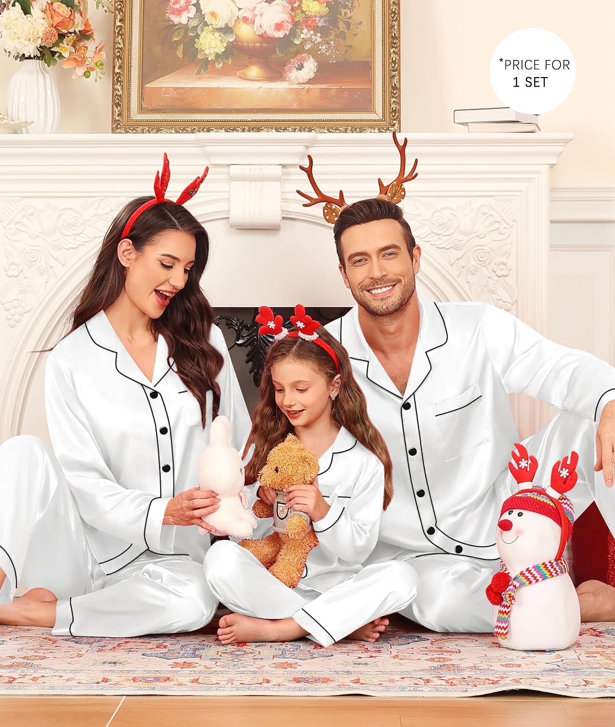 SWOMOG Family Matching Pajama Set Silky Satin Pajamas Long Sleeve Sleepwear Button Down Loungewear 2 Pcs Pj Set(White, 150(Age for 12-13Y))