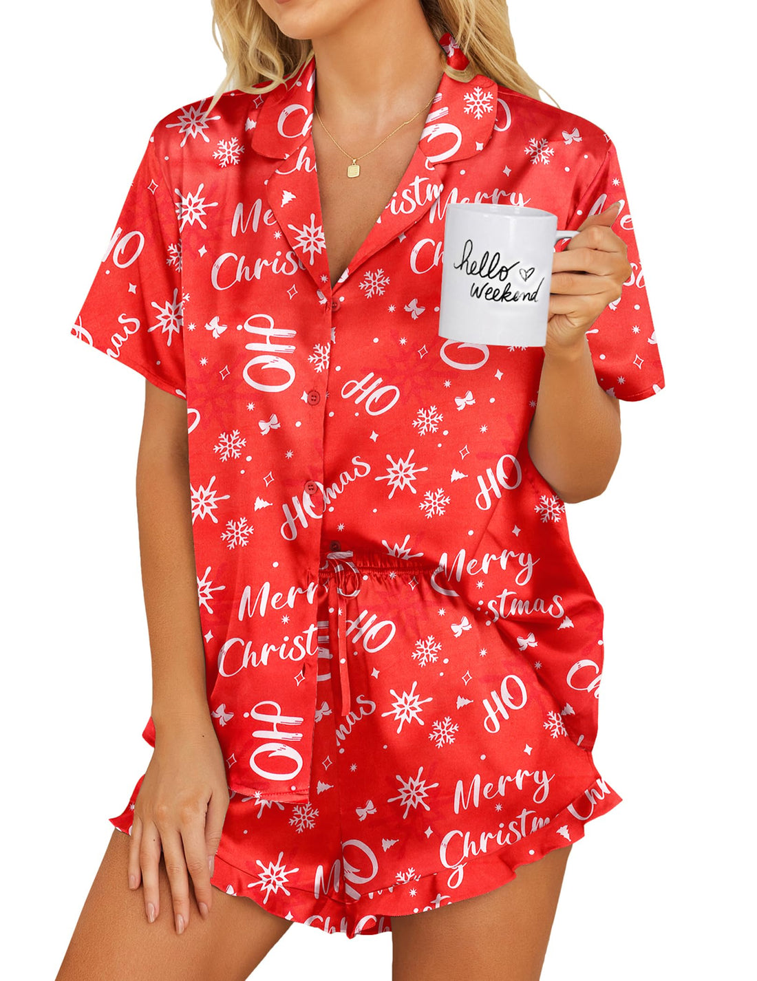 Ekouaer Womens Satin Pajamas Set Button Down 2 Piece Silk Pjs Shorts Set Ruffle Lingerie Notch Collar Sleepwear